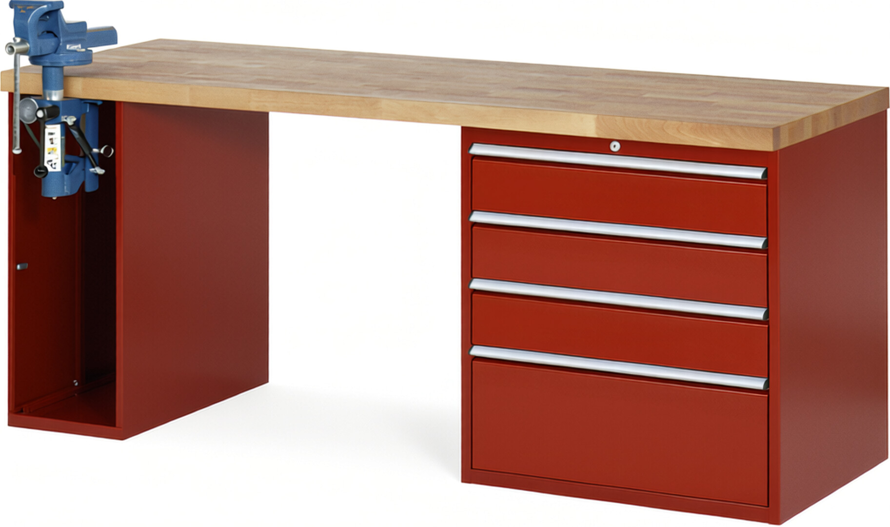 RAU Werkbank rot - Breite 200 cm - Tiefe 70 cm - Höhe 84 cm - Buche-Massiv Arbeitsplatte 40 mm