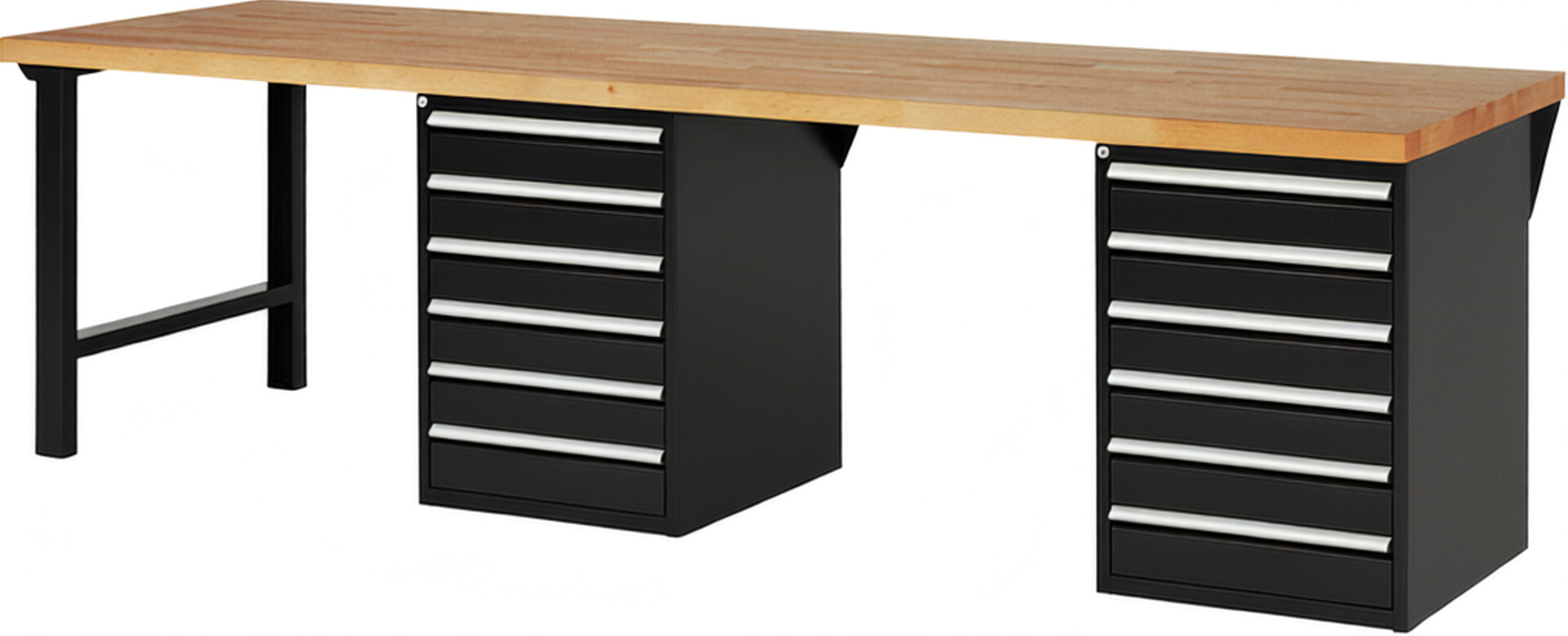 Werkbank Modell 7516 schwarz, BxTxH 3000x900x890 mm,  Buche-Massiv Arbeitsplatte 40 mm,  12 Schubladen mit  Auszug 90 %