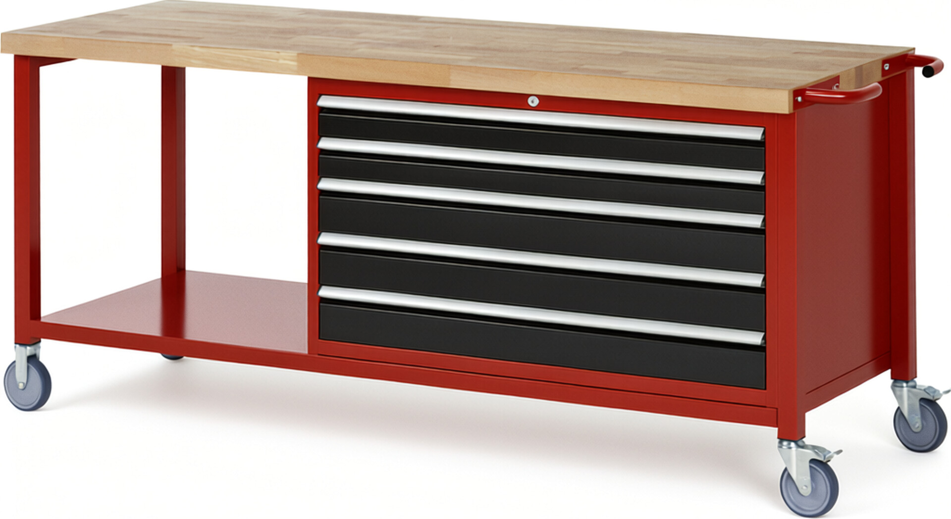 Fahrbare Werkbank Modell 8371 rot - schwarz, BxTxH 2000x700x880-1080 mm,  Buche-Massiv Arbeitsplatte 40 mm,  5 Schubladen mit  Vollauszug 100 % und  SoftClosing