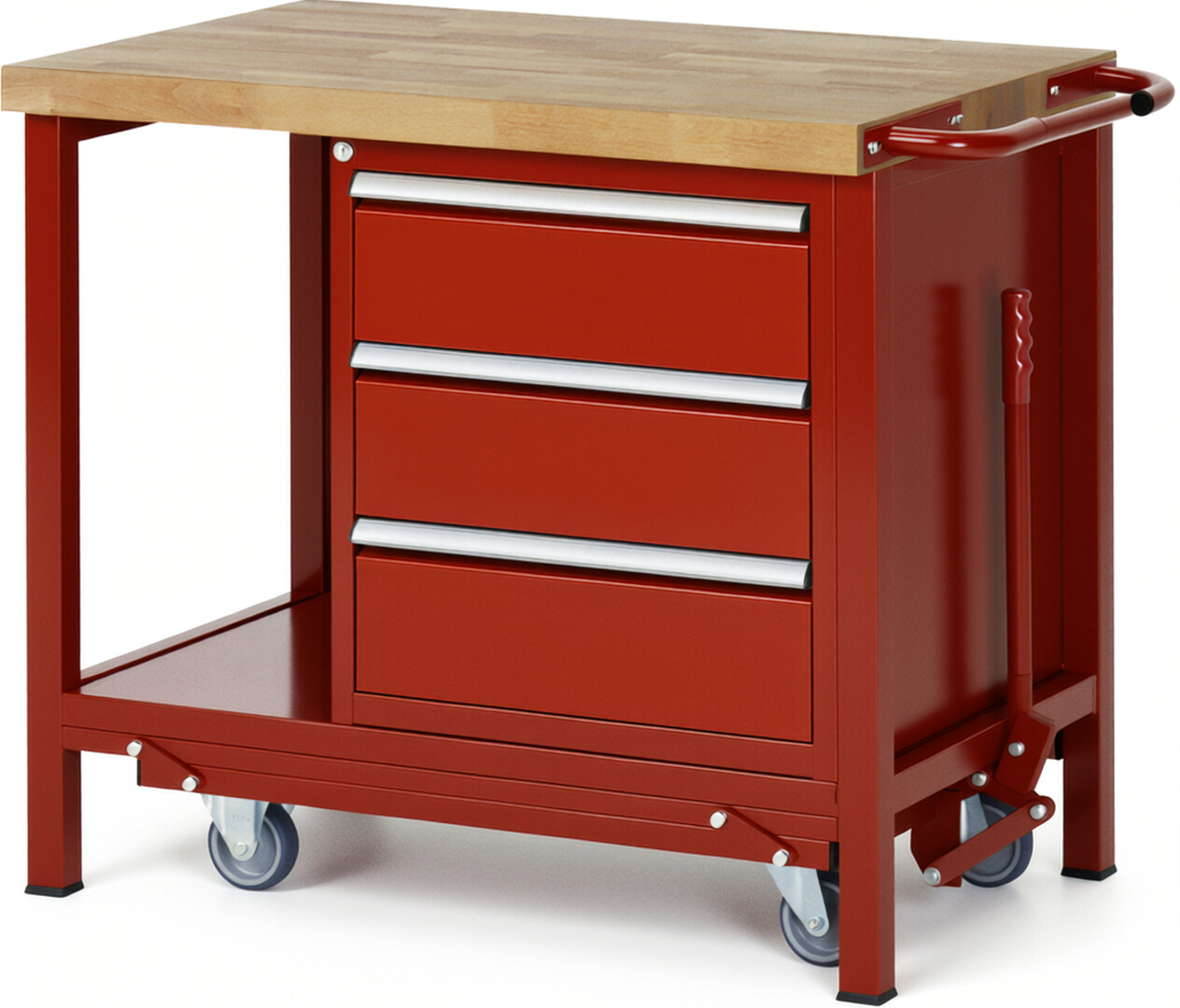 Absenkbare Werkbank Modell 8157 rot, BxTxH 1000x700x880 mm,  Buche-Massiv Arbeitsplatte 40 mm,  3 Schubladen mit  Vollauszug 100 % und  SoftClosing
