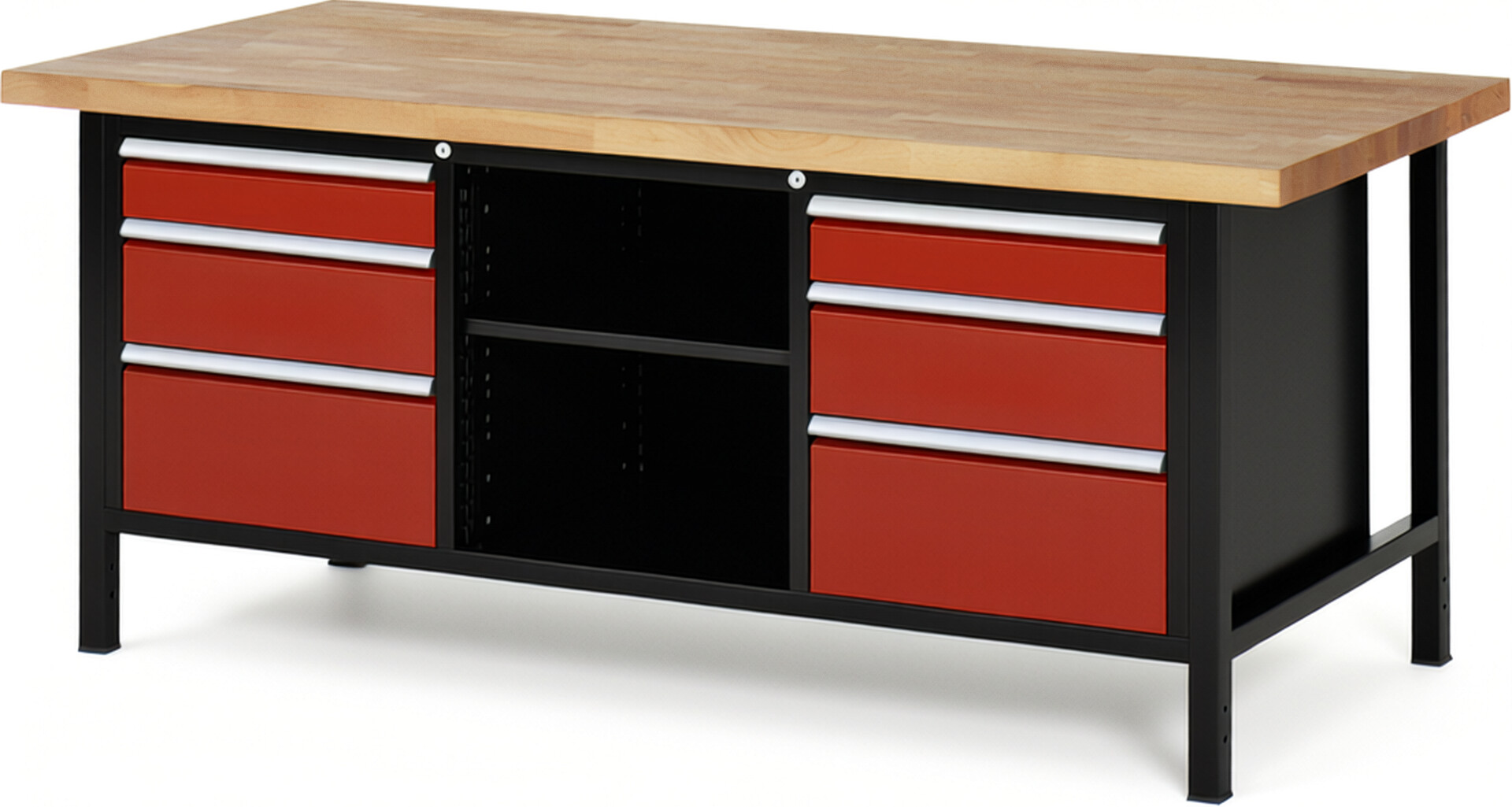 RAU Werkbank schwarz - rot - Breite 200 cm - Tiefe 90 cm - Höhe 104 cm - Buche-Massiv Arbeitsplatte 40 mm