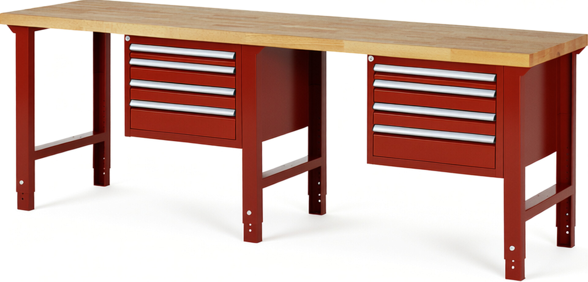 Werkbank Modell 7132 rot, BxTxH 2500x700x790-1140 mm,  Buche-Massiv Arbeitsplatte 40 mm,  8 Schubladen mit  Vollauszug 100 % und  SoftClosing