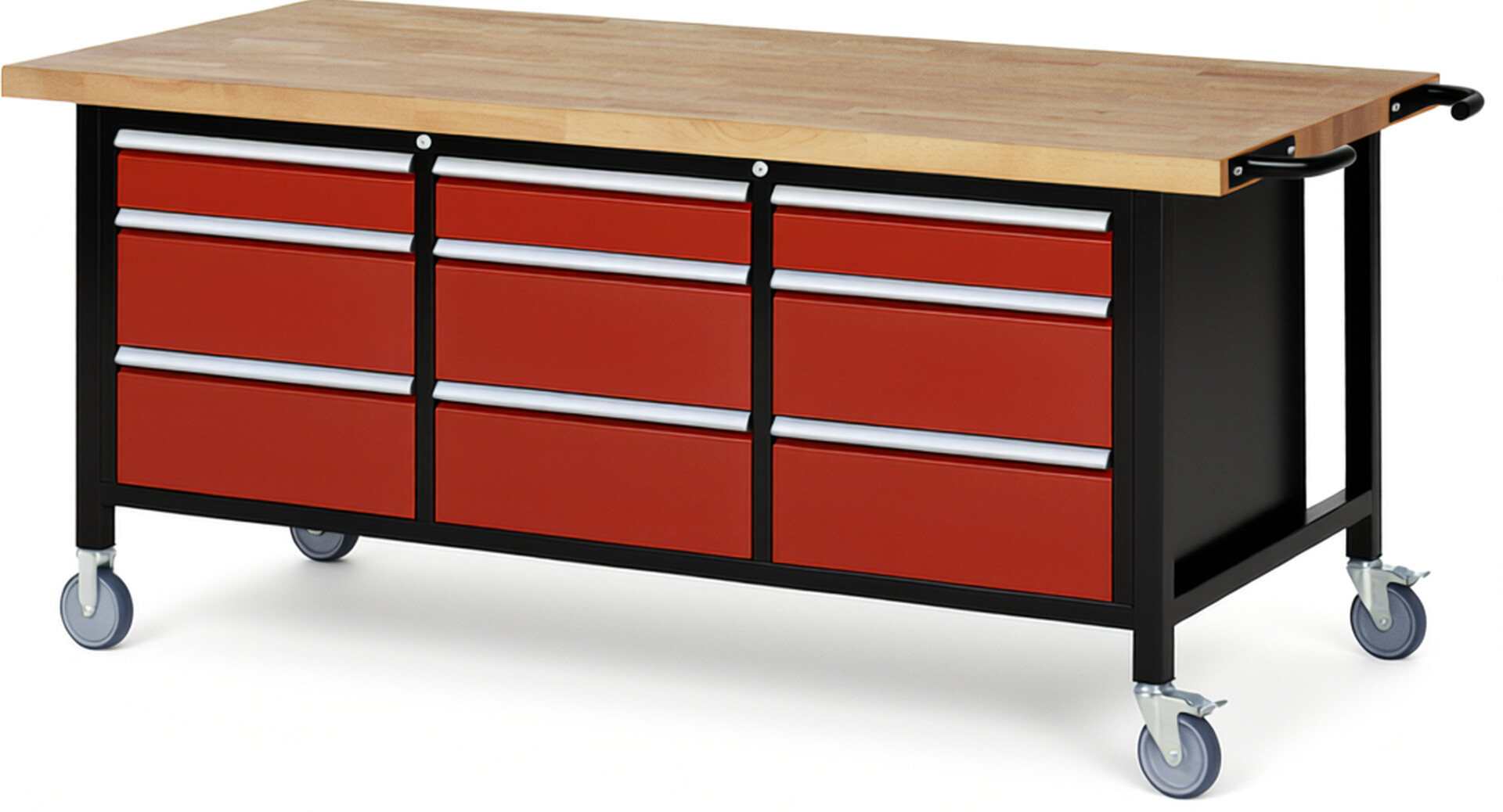 Fahrbare Werkbank Modell 8573 schwarz-rot, BxTxH 2000x900x880-1080 mm,  Buche-Massiv Arbeitsplatte 40 mm,  9 Schubladen mit  Auszug 90 %