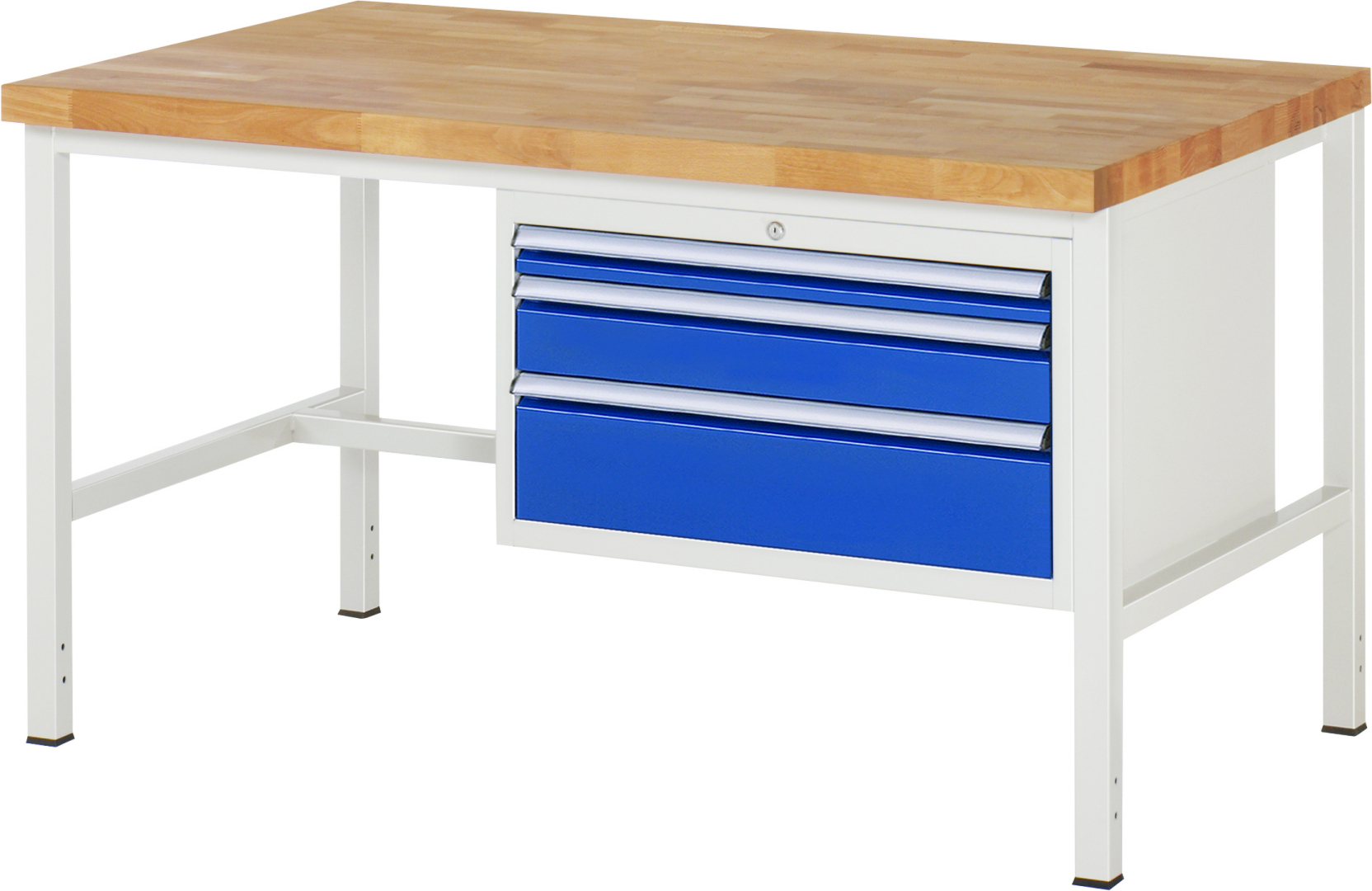 Werkbank Modell 8226,  BxTxH 1500x900x840-1040 mm,  Buche-Massiv Arbeitsplatte 40 mm,  3 Schubladen mit  Vollauszug 100 % und  SoftClosing