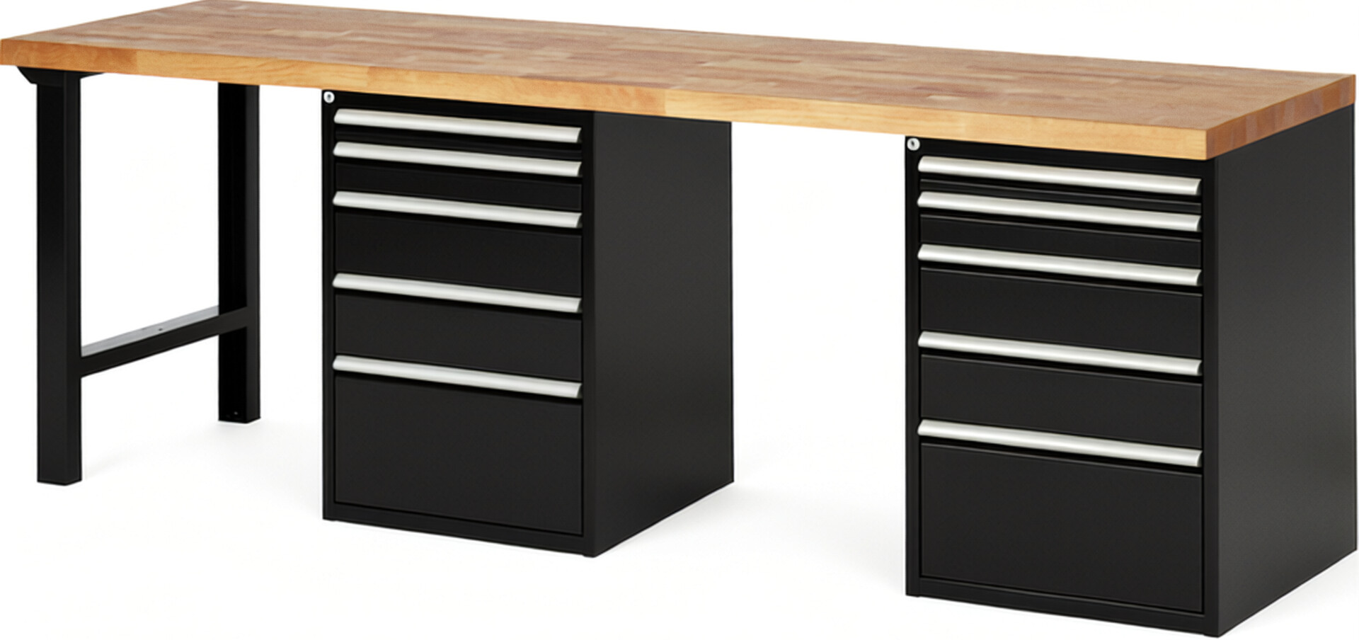 Werkbank Modell 7511 schwarz, BxTxH 2500x700x840 mm,  Buche-Massiv Arbeitsplatte 40 mm,  10 Schubladen mit  Vollauszug 100 % und  SoftClosing