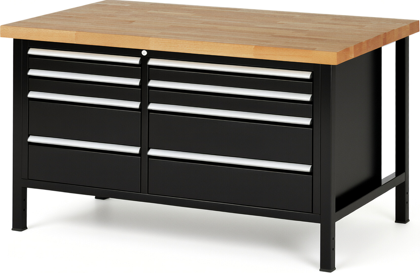 RAU Werkbank schwarz - Breite 150 cm - Tiefe 90 cm - Höhe 104 cm - Buche-Massiv Arbeitsplatte 40 mm