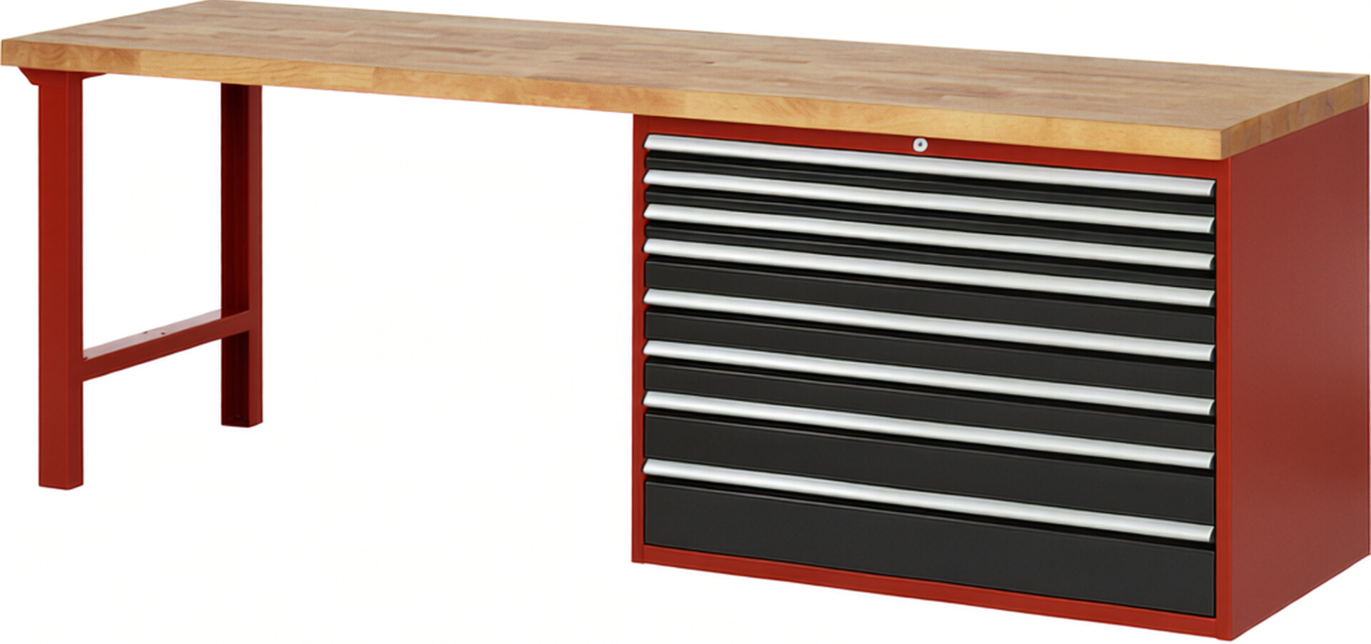 Werkbank Modell 7719 rot - schwarz, BxTxH 2500x700x890 mm,  Buche-Massiv Arbeitsplatte 40 mm,  8 Schubladen mit  Vollauszug 100 % und  SoftClosing