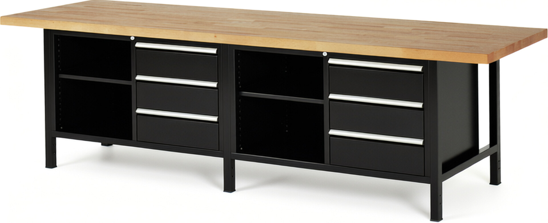 Werkbank Modell 8462 schwarz, BxTxH 3000x900x840-1040 mm,  Buche-Massiv Arbeitsplatte 40 mm,  6 Schubladen mit  Vollauszug 100 % und  SoftClosing
