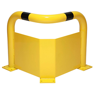 Eck-Rammschutz-Bügel, mit Unterfahrschutz, Rundrohr 76/3 mm, zum Aufdübeln, Innenbereich, Farbe gelb/schwarz, BxTxH 600x600x350 mm