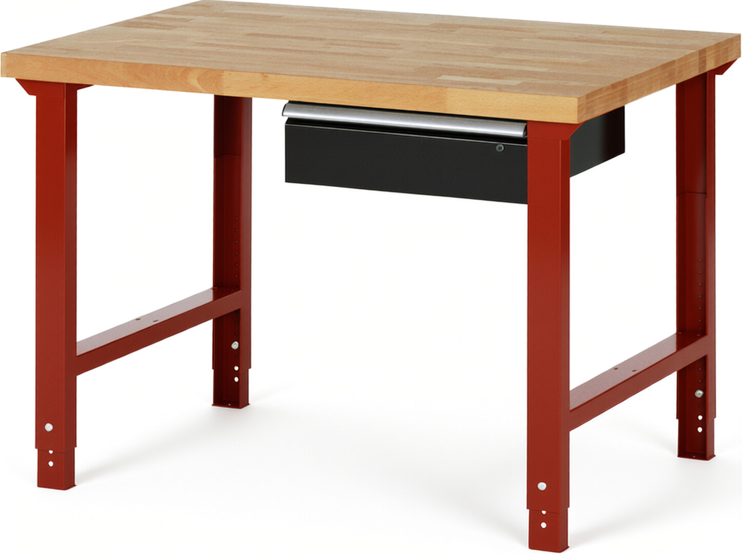 Werkbank Modell 7001 rot - schwarz, BxTxH 1250x900x790-1140 mm,  Buche-Massiv Arbeitsplatte 40 mm,  1 Schublade mit  Auszug 90 %