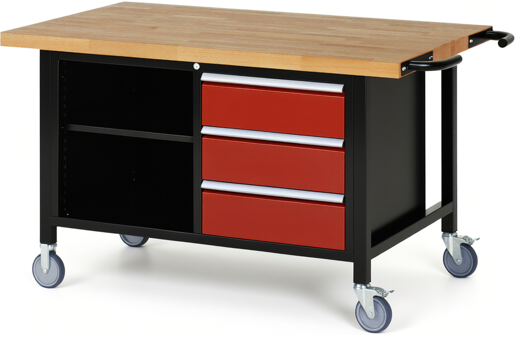 RAU Werkbank schwarz - rot - Breite 150 cm - Tiefe 90 cm - Höhe 108 cm - Buche-Massiv Arbeitsplatte 40 mm