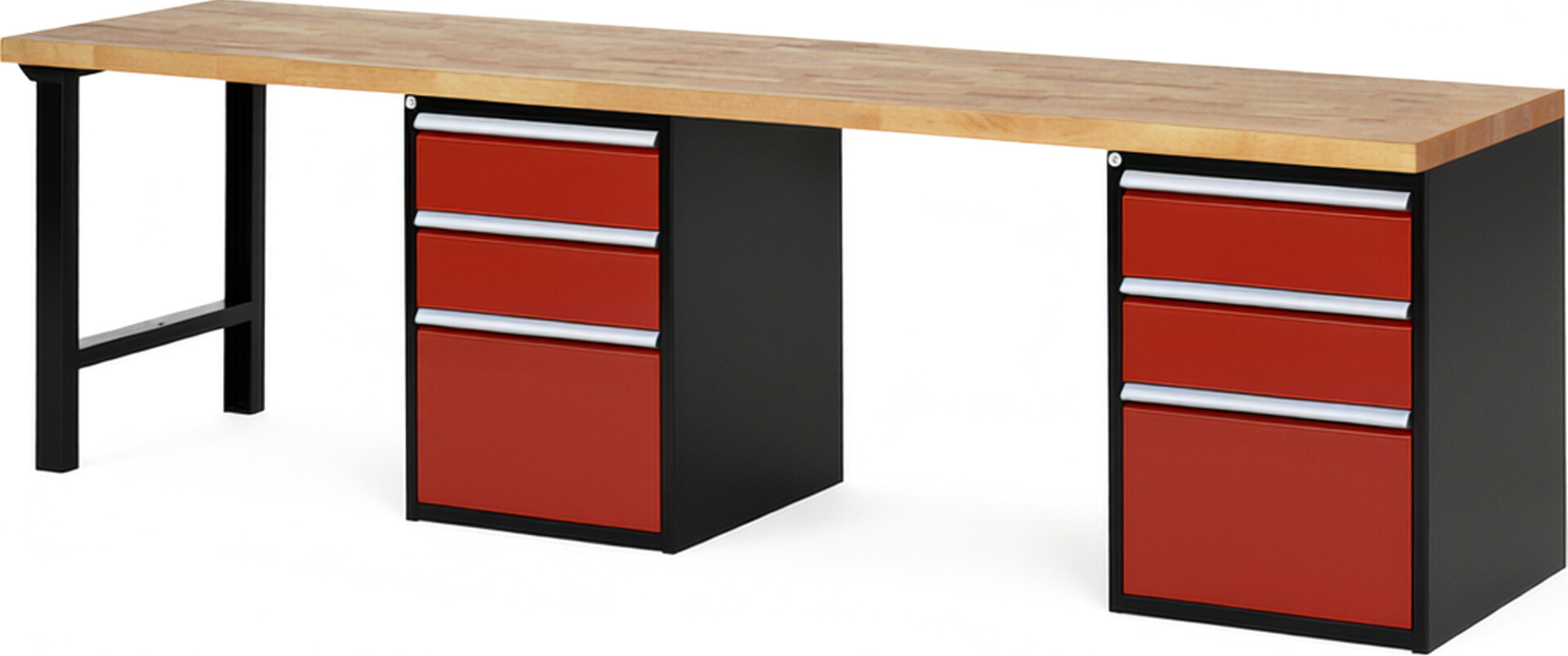Werkbank Modell 7507 schwarz-rot, BxTxH 3000x700x840 mm,  Buche-Massiv Arbeitsplatte 40 mm,  6 Schubladen mit  Auszug 90 %