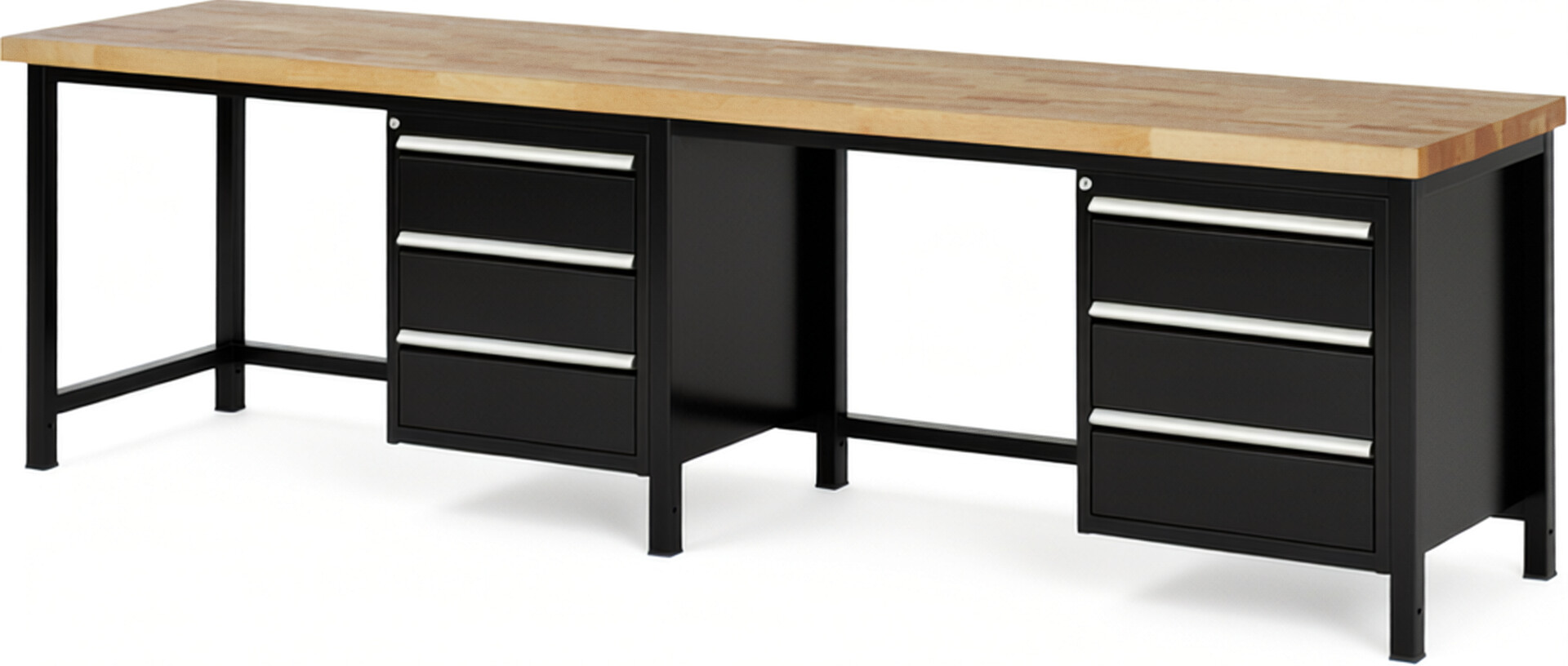Werkbank Modell 8157 schwarz, BxTxH 3000x700x840 mm,  Buche-Massiv Arbeitsplatte 40 mm,  6 Schubladen mit  Auszug 90 %
