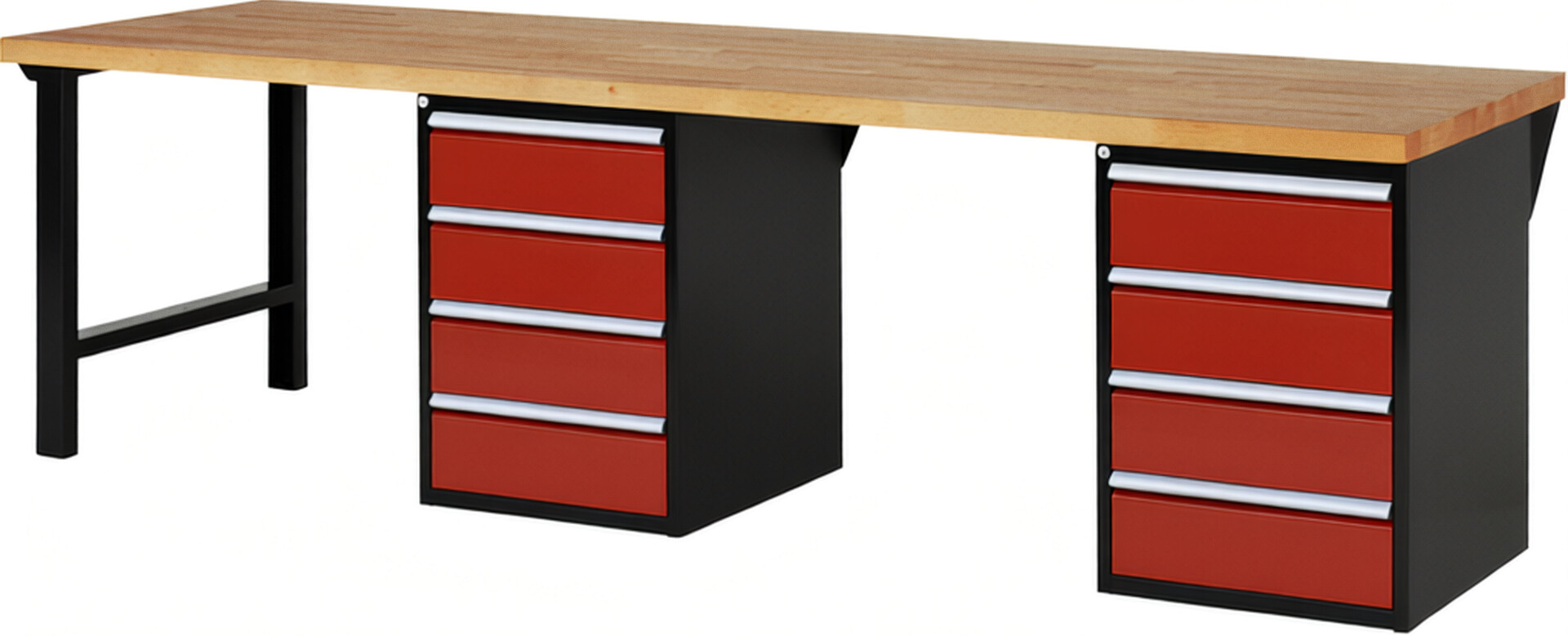 Werkbank Modell 7509 schwarz-rot, BxTxH 3000x900x840 mm,  Buche-Massiv Arbeitsplatte 40 mm,  8 Schubladen mit  Auszug 90 %