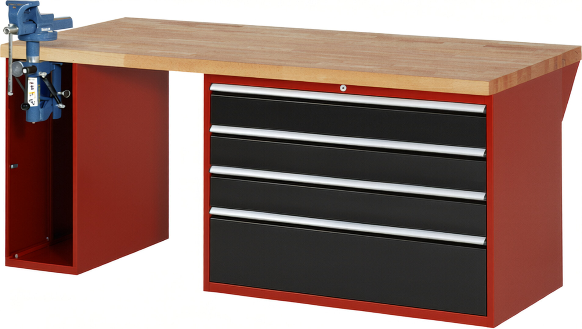 Werkbank Modell 7710 rot - schwarz, BxTxH 2000x900x890 mm,  Buche-Massiv Arbeitsplatte 40 mm,  4 Schubladen mit  Vollauszug 100 % und  SoftClosing