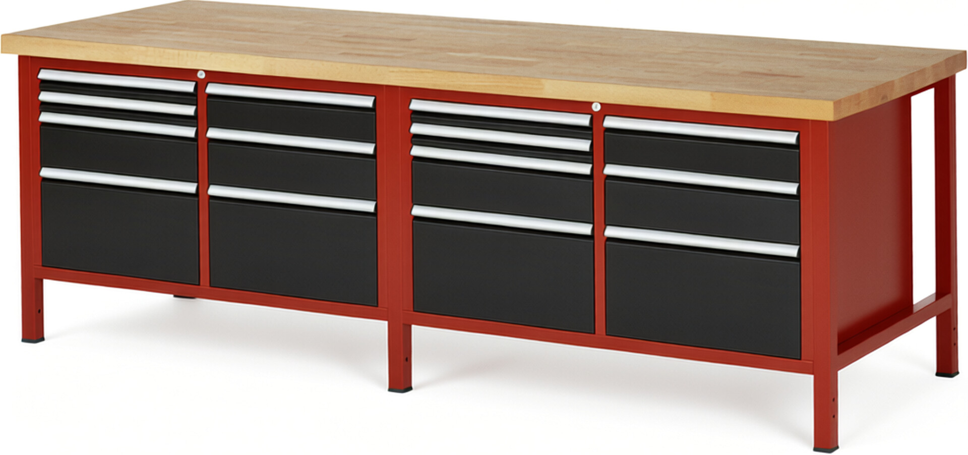 Werkbank Modell 8476 rot - schwarz, BxTxH 2500x900x840 mm,  Buche-Massiv Arbeitsplatte 40 mm,  14 Schubladen mit  Vollauszug 100 % und  SoftClosing