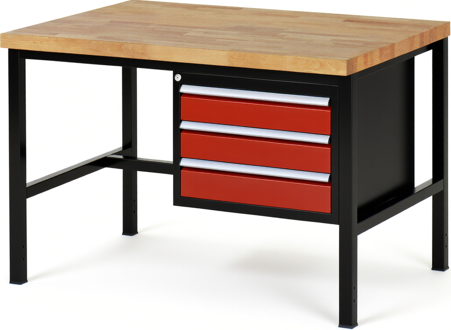 Werkbank Modell 8127 schwarz-rot, BxTxH 1250x900x840-1040 mm,  Buche-Massiv Arbeitsplatte 40 mm,  3 Schubladen mit  Vollauszug 100 % und  SoftClosing