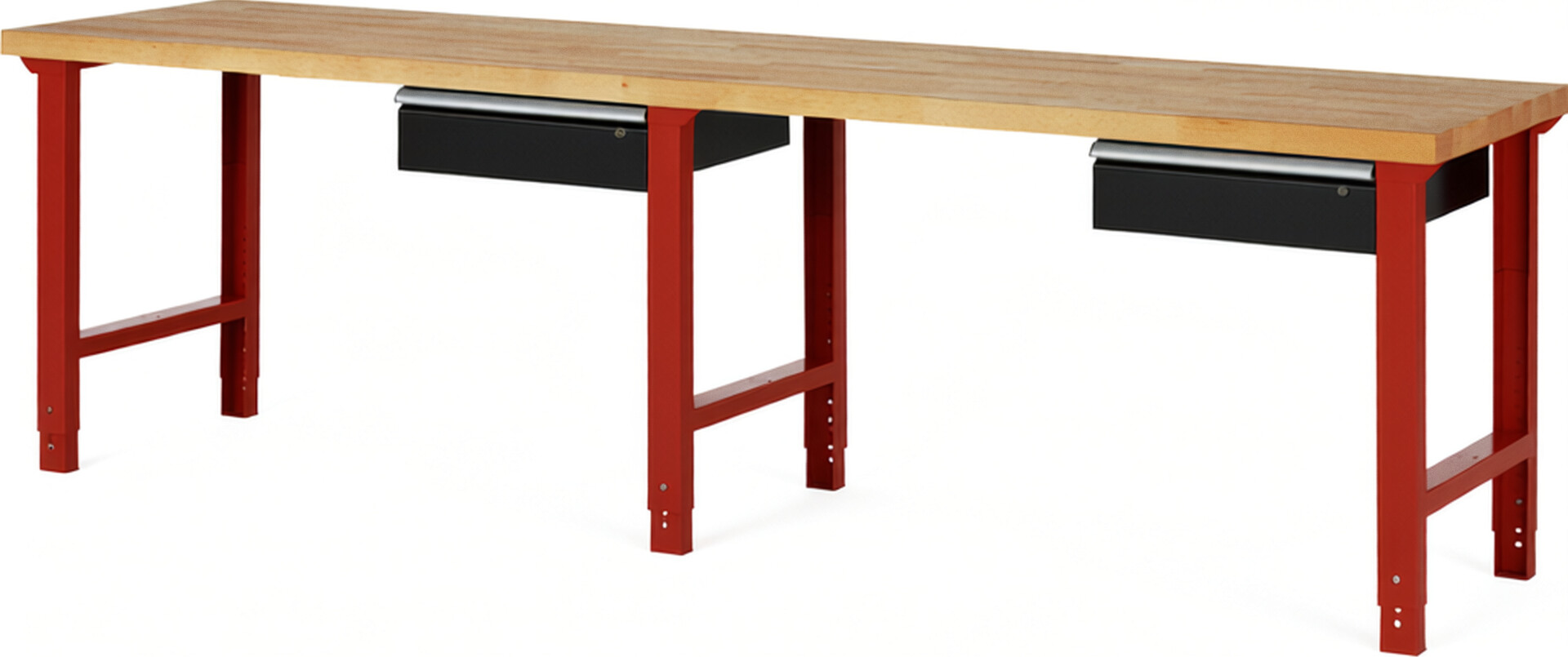 Werkbank Modell 7001 rot - schwarz, BxTxH 3000x700x790-1140 mm,  Buche-Massiv Arbeitsplatte 40 mm,  2 Schubladen mit  Auszug 90 %