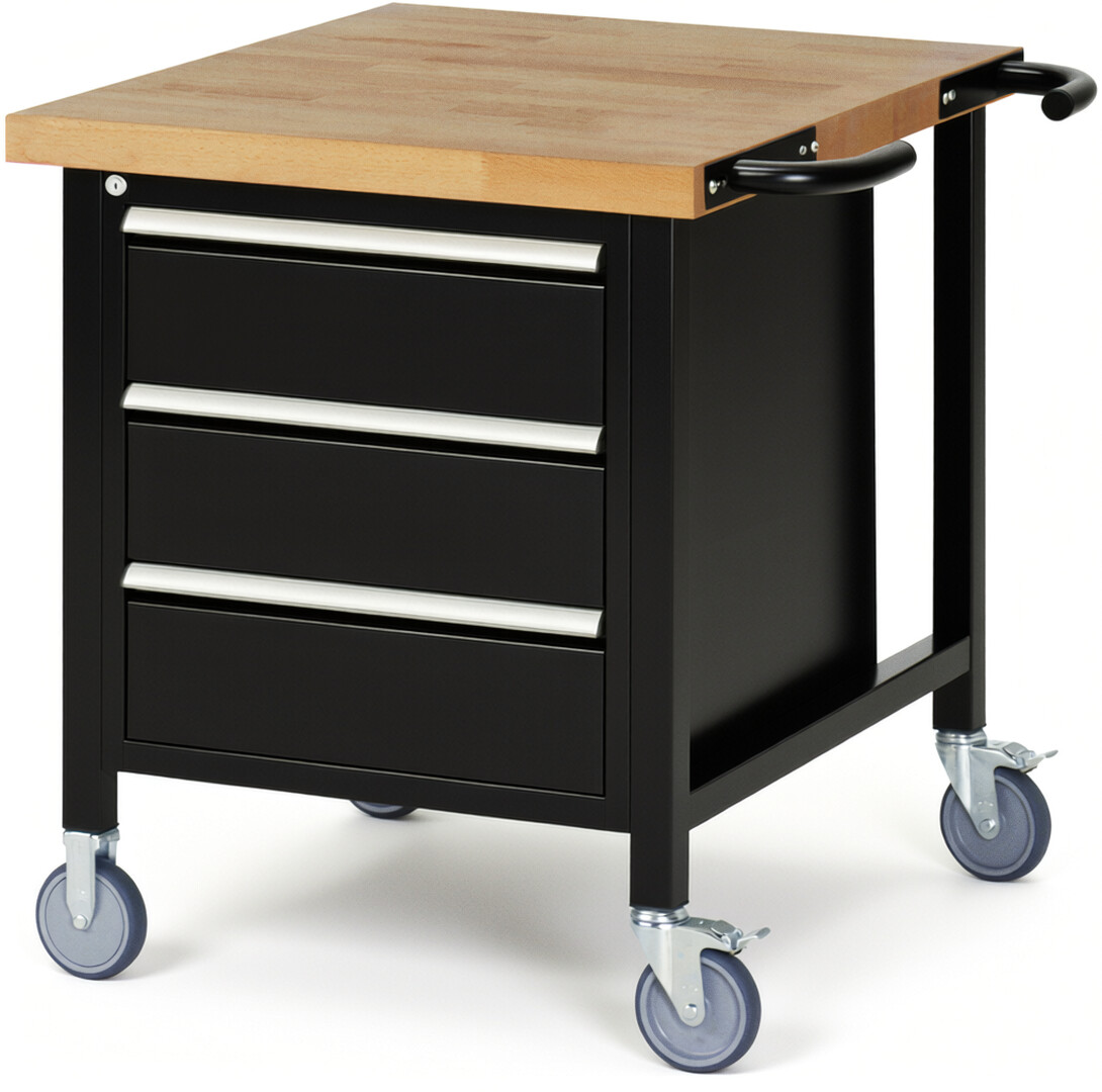 RAU Werkbank schwarz - Breite 75 cm - Tiefe 90 cm - Höhe 108 cm - Buche-Massiv Arbeitsplatte 40 mm