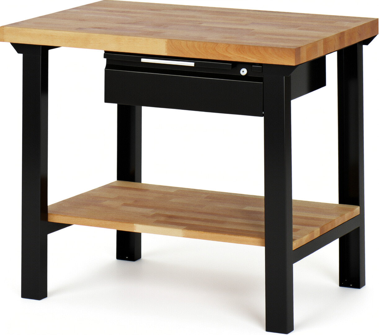 Werkbank - Modell 7001 BASIC schwarz, BxTxH 1000x700x840 mm,  Buche-Massiv Arbeitsplatte 40 mm,  1 Schublade mit  Auszug 90 %