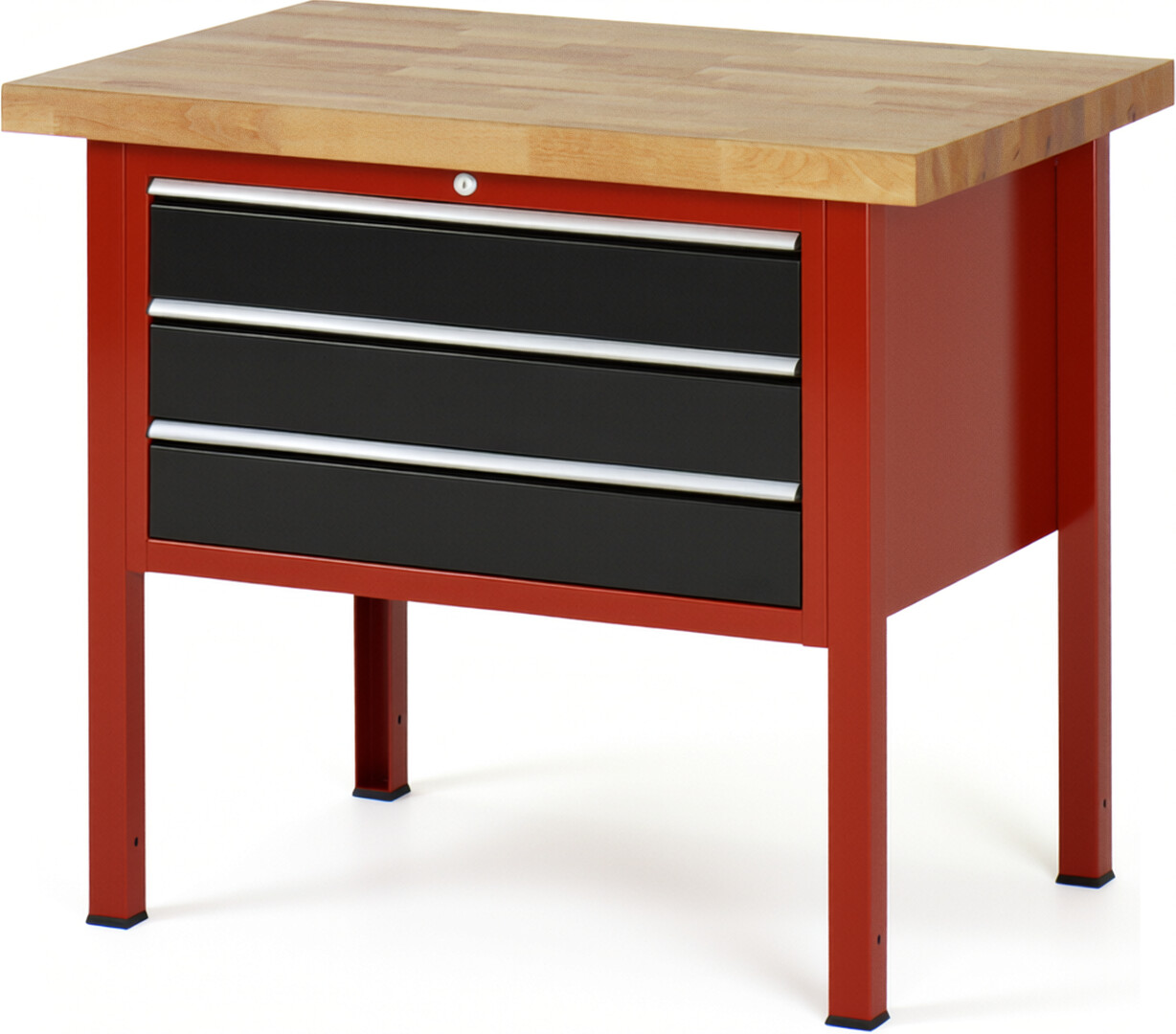 Werkbank Modell 8227 rot - schwarz, BxTxH 1000x700x840 mm,  Buche-Massiv Arbeitsplatte 40 mm,  3 Schubladen mit  Auszug 90 %
