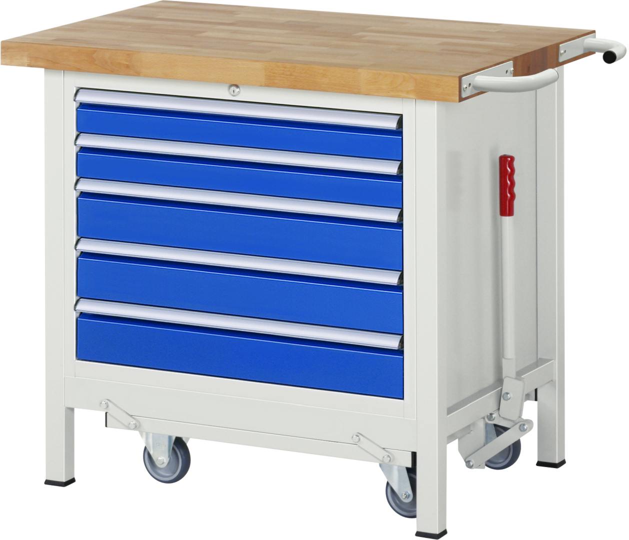 Absenkbare Werkbank Modell 8271 rot - schwarz, BxTxH 1000x700x880 mm,  Buche-Massiv Arbeitsplatte 40 mm,  5 Schubladen mit  Auszug 90 %