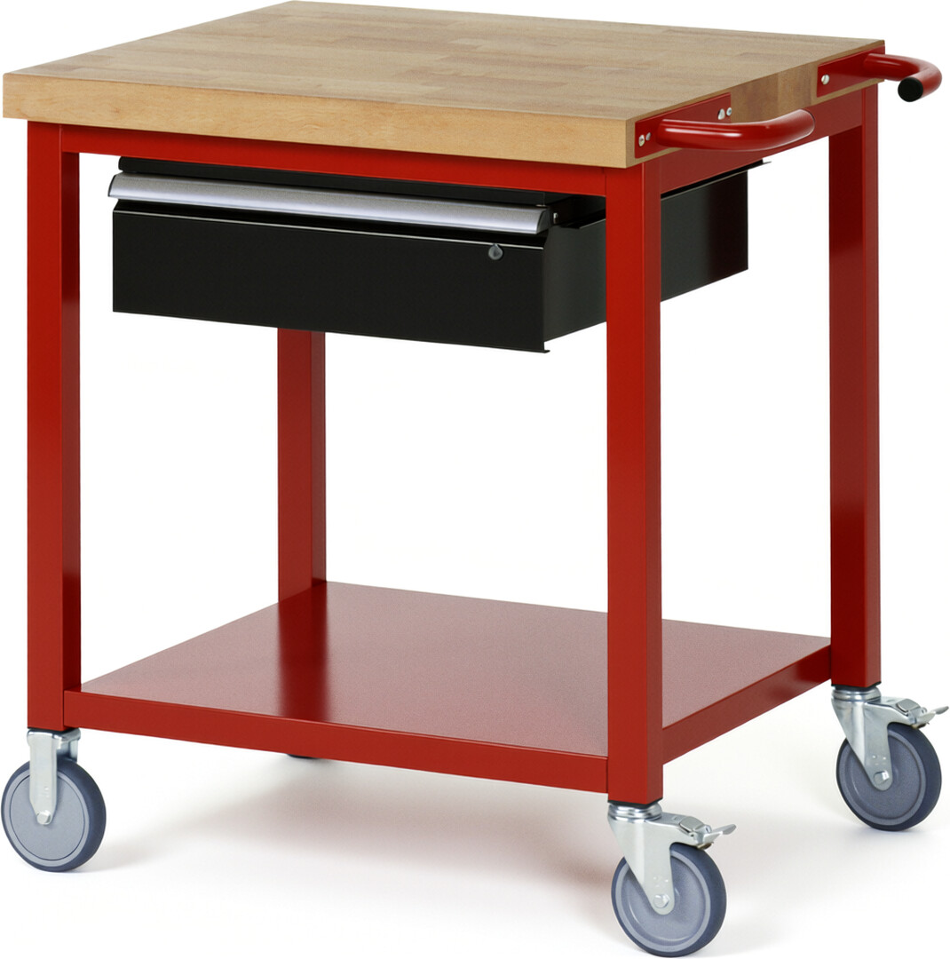 Fahrbare Werkbank Modell 8001 rot - schwarz, BxTxH 750x700x880-1080 mm,  Buche-Massiv Arbeitsplatte 40 mm,  1 Schublade mit  Auszug 90 %
