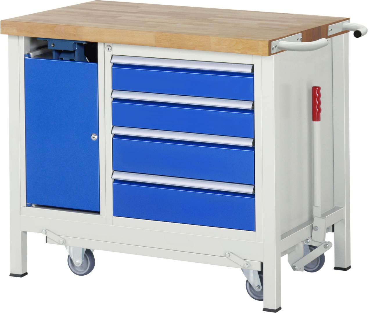 Absenkbare Werkbank Modell 8181 rot - schwarz, BxTxH 1250x700x880 mm,  Buche-Massiv Arbeitsplatte 40 mm,  1 Schublade mit  Vollauszug 100 % und  SoftClosing