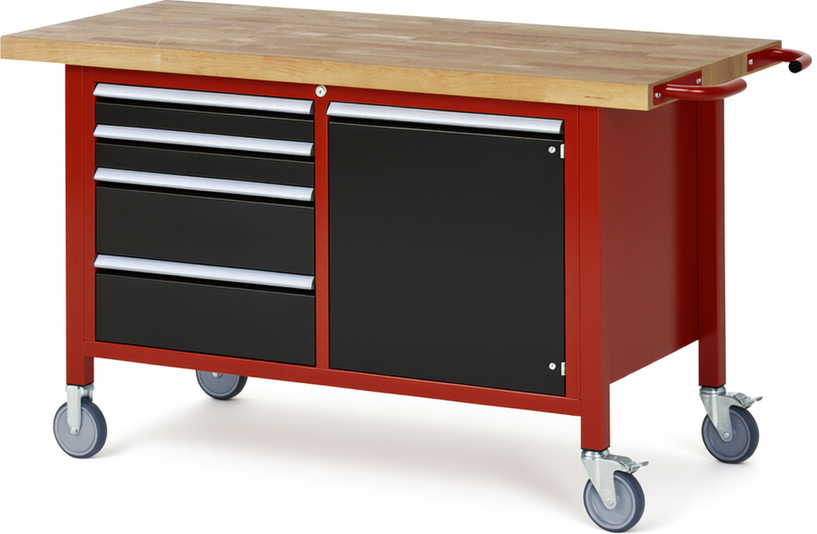 RAU Werkbank rot - schwarz - Breite 150 cm - Tiefe 70 cm - Höhe 108 cm - Buche-Massiv Arbeitsplatte 40 mm
