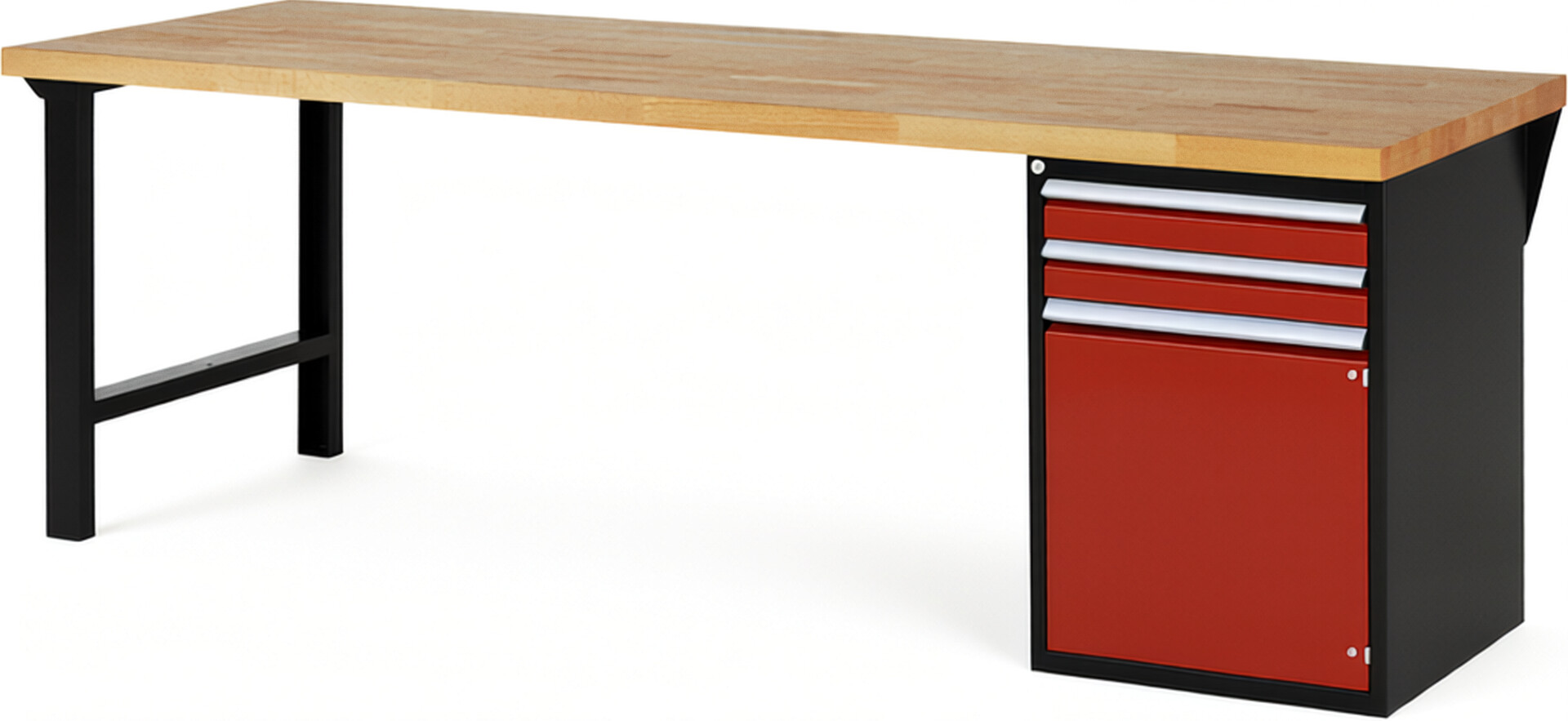 RAU Werkbank schwarz - rot - Breite 250 cm - Tiefe 90 cm - Höhe 89 cm - Buche-Massiv Arbeitsplatte 40 mm