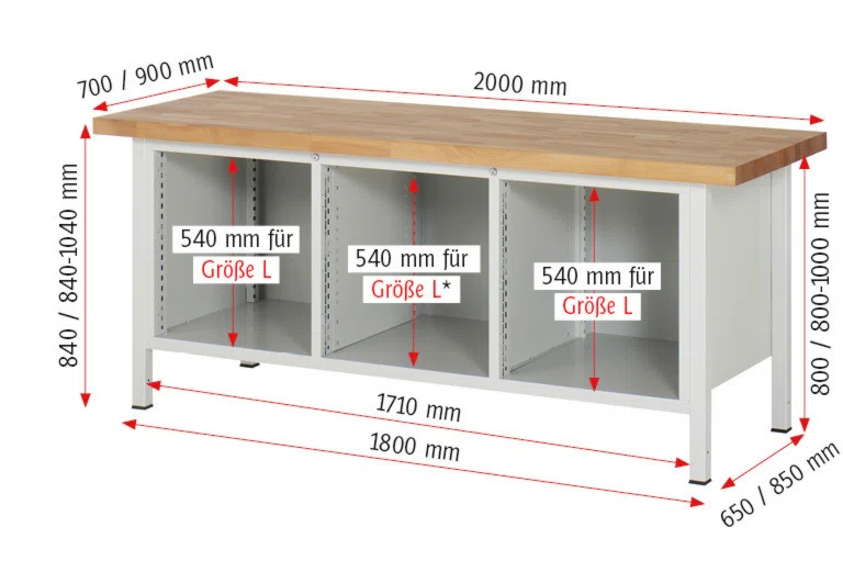 Werkbank Modell 8577 rot, BxTxH 2000x900x840 mm,  Buche-Massiv Arbeitsplatte 40 mm,  11 Schubladen mit  Auszug 90 %