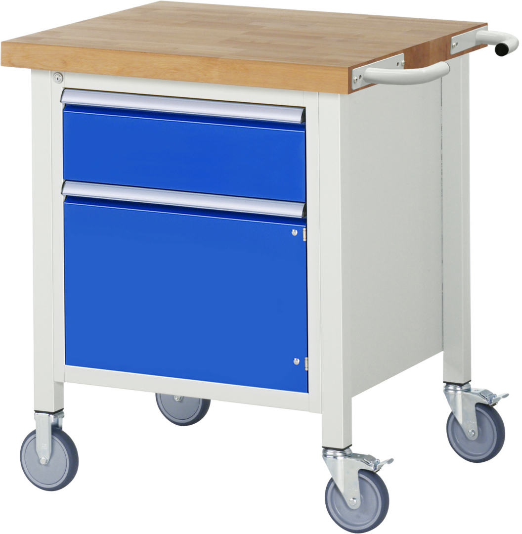 Fahrbare Werkbank Modell 8152 rot, BxTxH 750x700x880 mm,  Buche-Massiv Arbeitsplatte 40 mm,  1 Schublade mit  Vollauszug 100 % und  SoftClosing