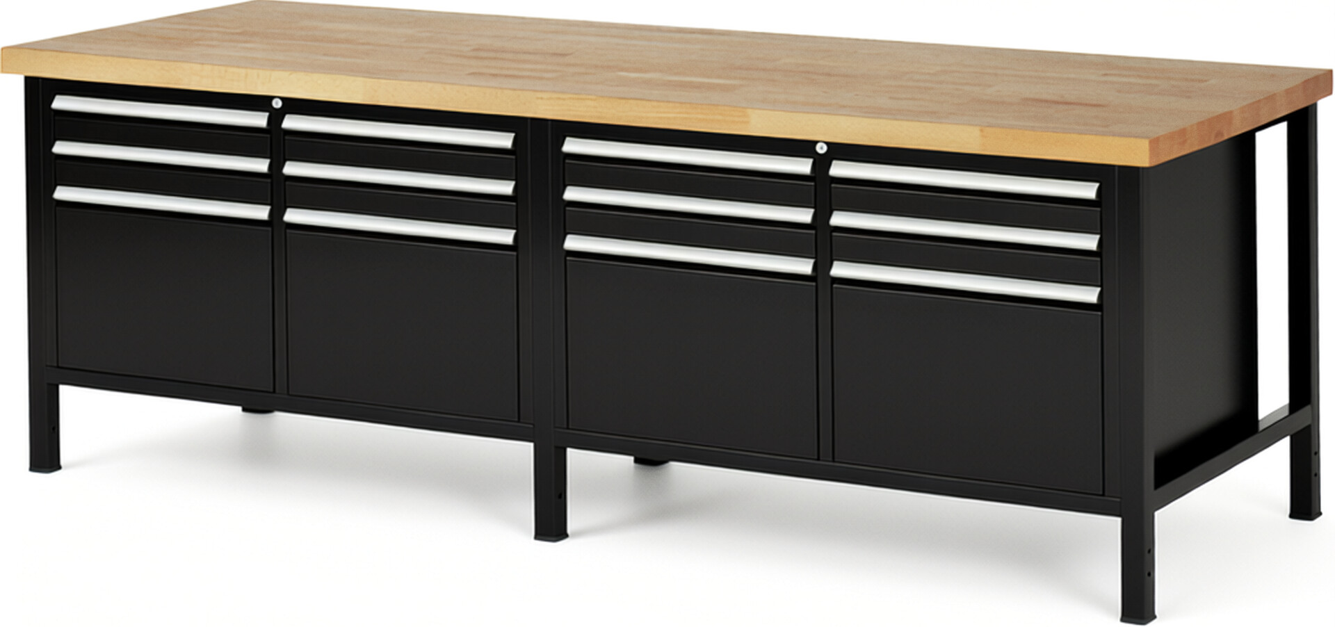 Werkbank Modell 8474 schwarz, BxTxH 2500x900x840 mm,  Buche-Massiv Arbeitsplatte 40 mm,  12 Schubladen mit  Vollauszug 100 % und  SoftClosing