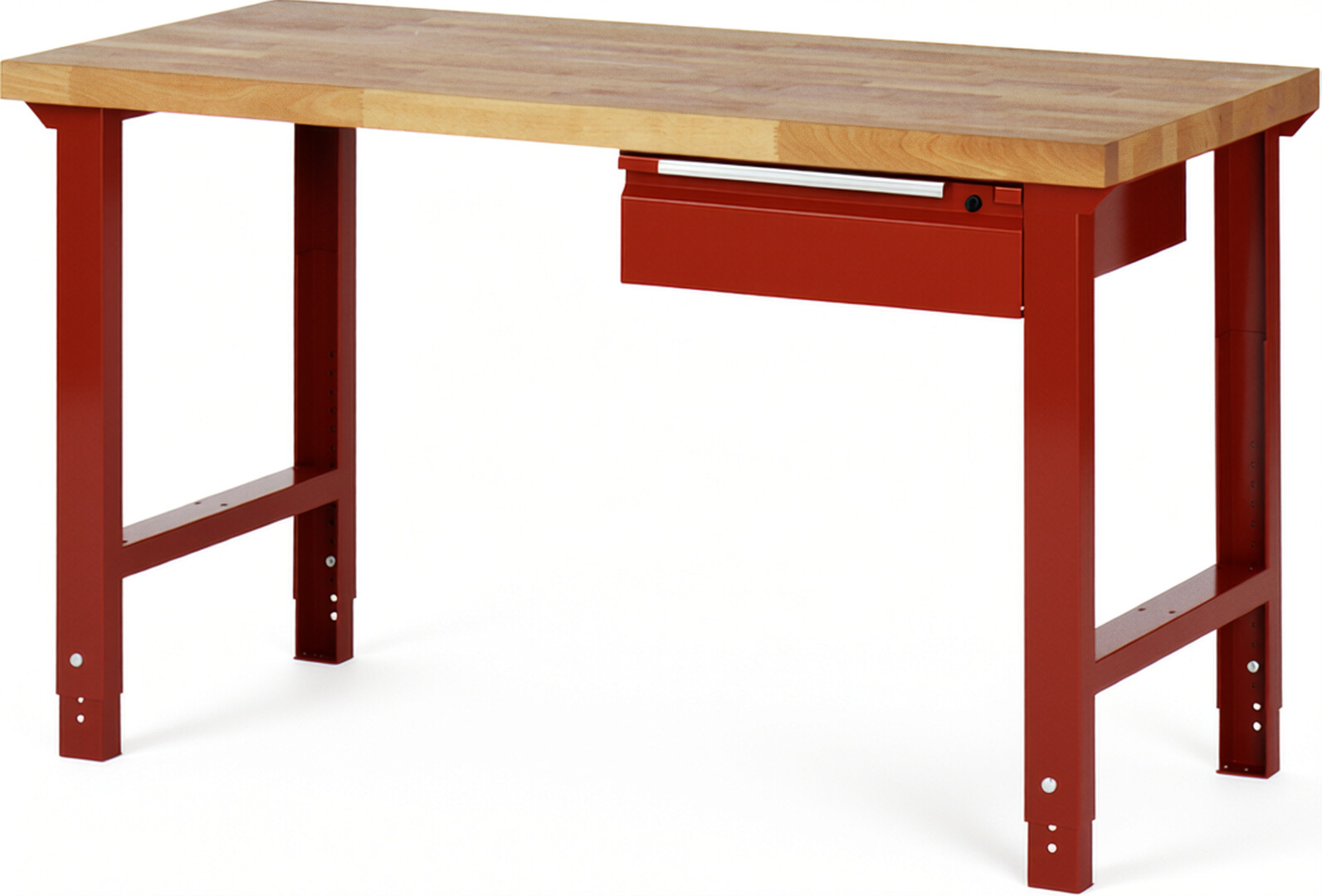 Werkbank rot, BxTxH 1500x700x790-1140 mm, Platte Buche 40 mm 40 mm,  1 Hängeschublade 150 mm, RAL 3000/3000