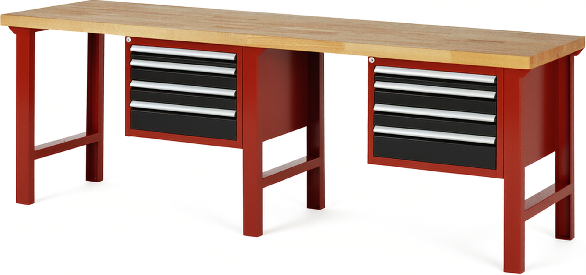 Werkbank Modell 7132 rot - schwarz, BxTxH 2500x700x840 mm,  Buche-Massiv Arbeitsplatte 40 mm,  8 Schubladen mit  Auszug 90 %