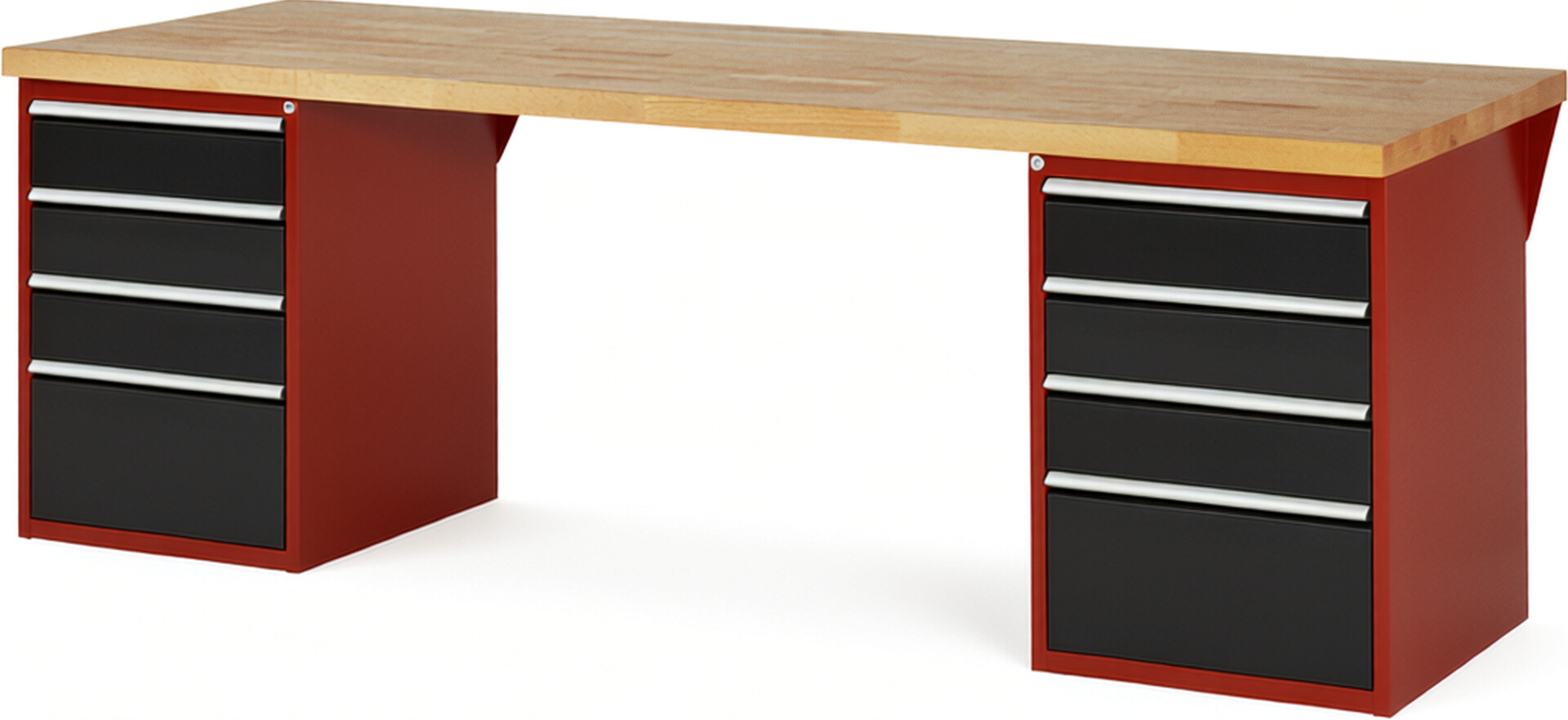 RAU Werkbank rot - schwarz - Breite 250 cm - Tiefe 90 cm - Höhe 89 cm - Buche-Massiv Arbeitsplatte 40 mm