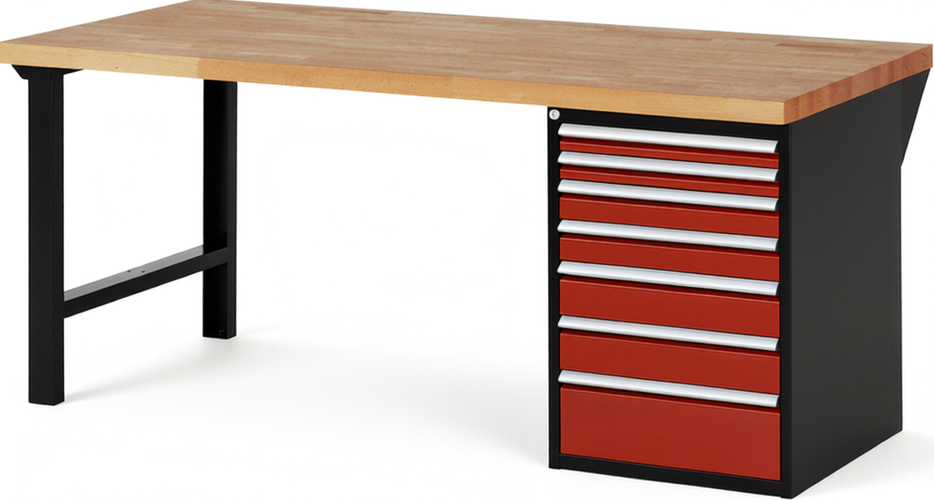 RAU Werkbank schwarz - rot - Breite 200 cm - Tiefe 90 cm - Höhe 84 cm - Buche-Massiv Arbeitsplatte 40 mm