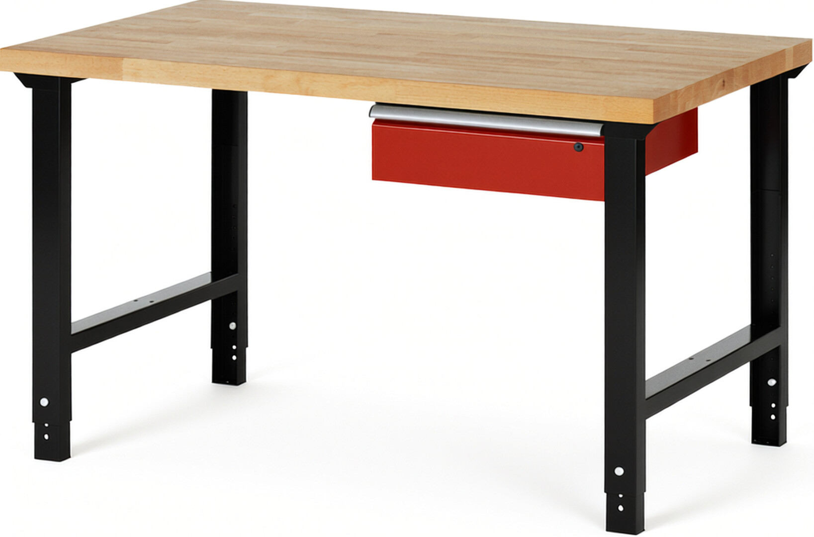 RAU Werkbank schwarz - rot - Breite 150 cm - Tiefe 90 cm - Höhe 114 cm - Buche-Massiv Arbeitsplatte 40 mm