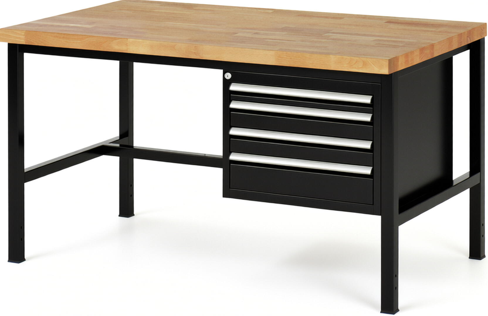 RAU Werkbank schwarz - Breite 150 cm - Tiefe 90 cm - Höhe 84 cm - Buche-Massiv Arbeitsplatte 40 mm