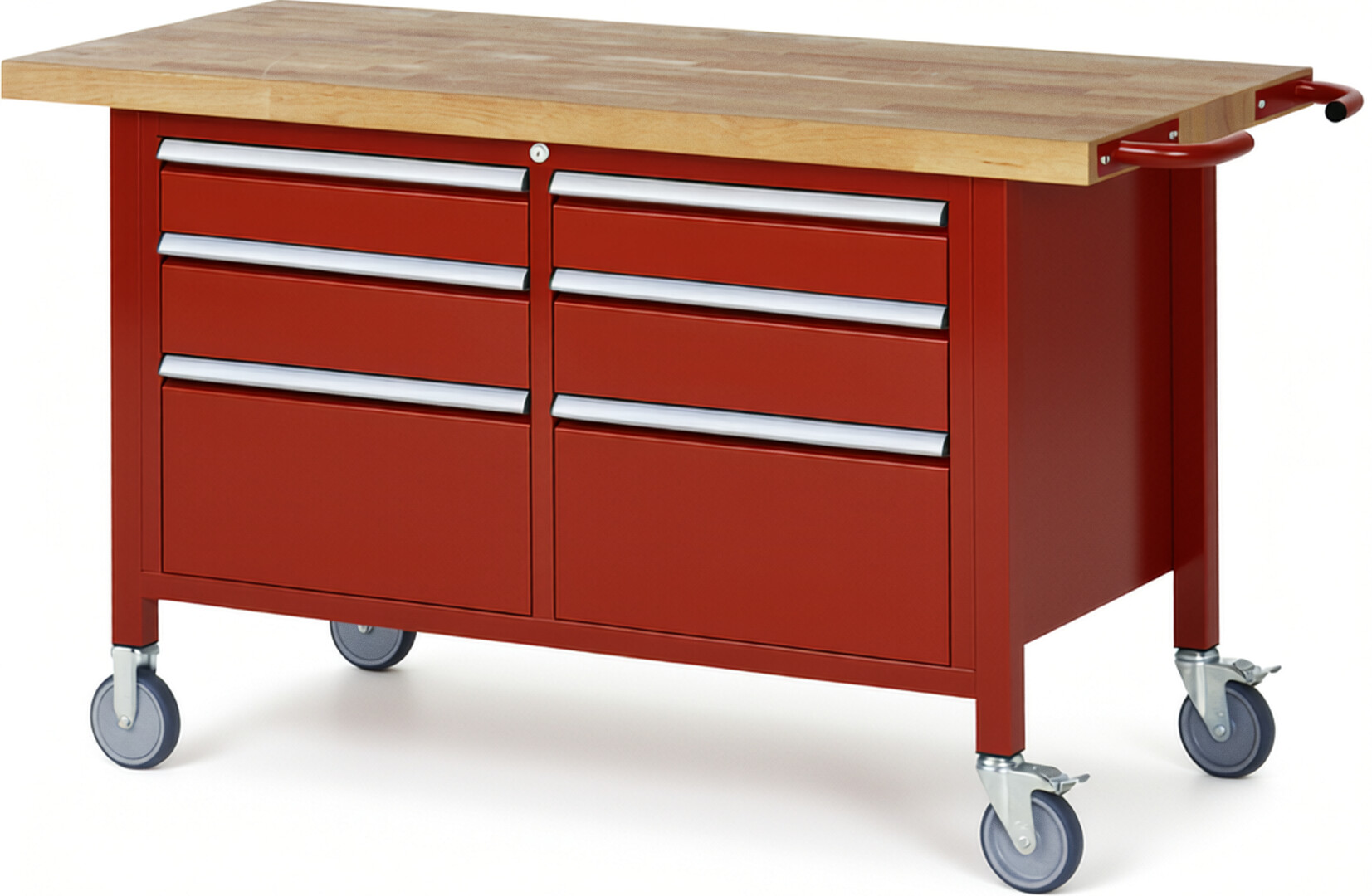 Fahrbare Werkbank Modell 8475 rot, BxTxH 1500x700x880 mm,  Buche-Massiv Arbeitsplatte 40 mm,  6 Schubladen mit  Auszug 90 %