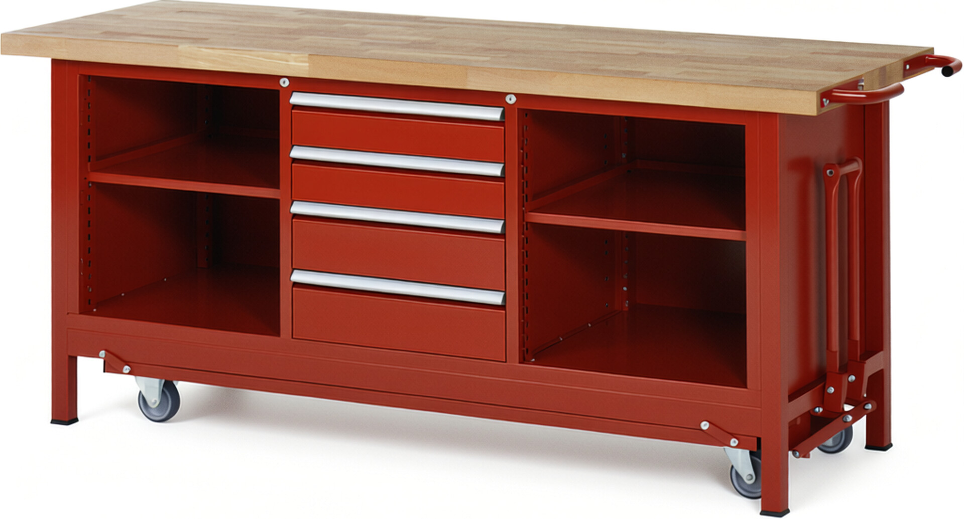Absenkbare Werkbank Modell 8566 rot, BxTxH 2000x700x880 mm,  Buche-Massiv Arbeitsplatte 40 mm,  4 Schubladen mit  Auszug 90 %