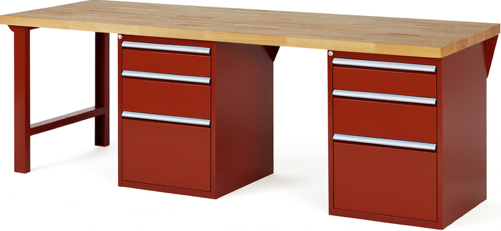Werkbank Modell 7508 rot, BxTxH 2500x900x890 mm,  Buche-Massiv Arbeitsplatte 40 mm,  6 Schubladen mit  Vollauszug 100 % und  SoftClosing