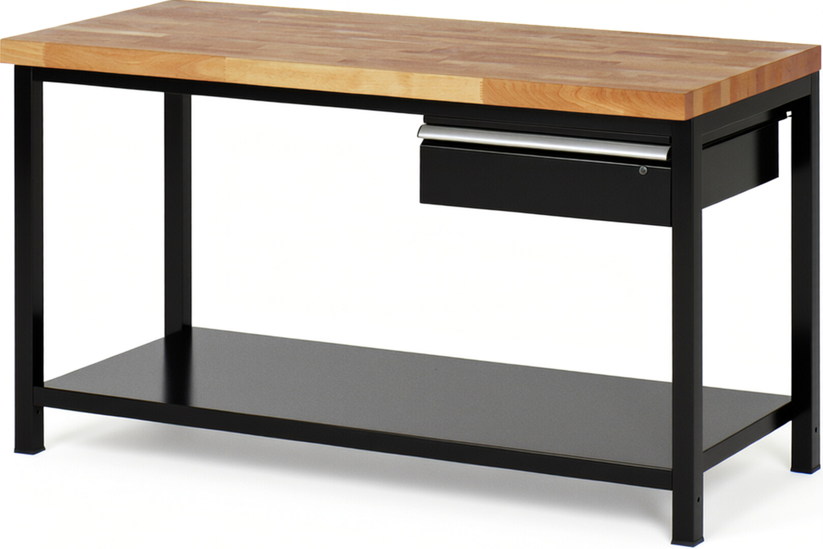 Werkbank Modell 8001 schwarz, BxTxH 1500x700x840-1040 mm,  Buche-Massiv Arbeitsplatte 40 mm,  1 Schublade mit  Auszug 90 %