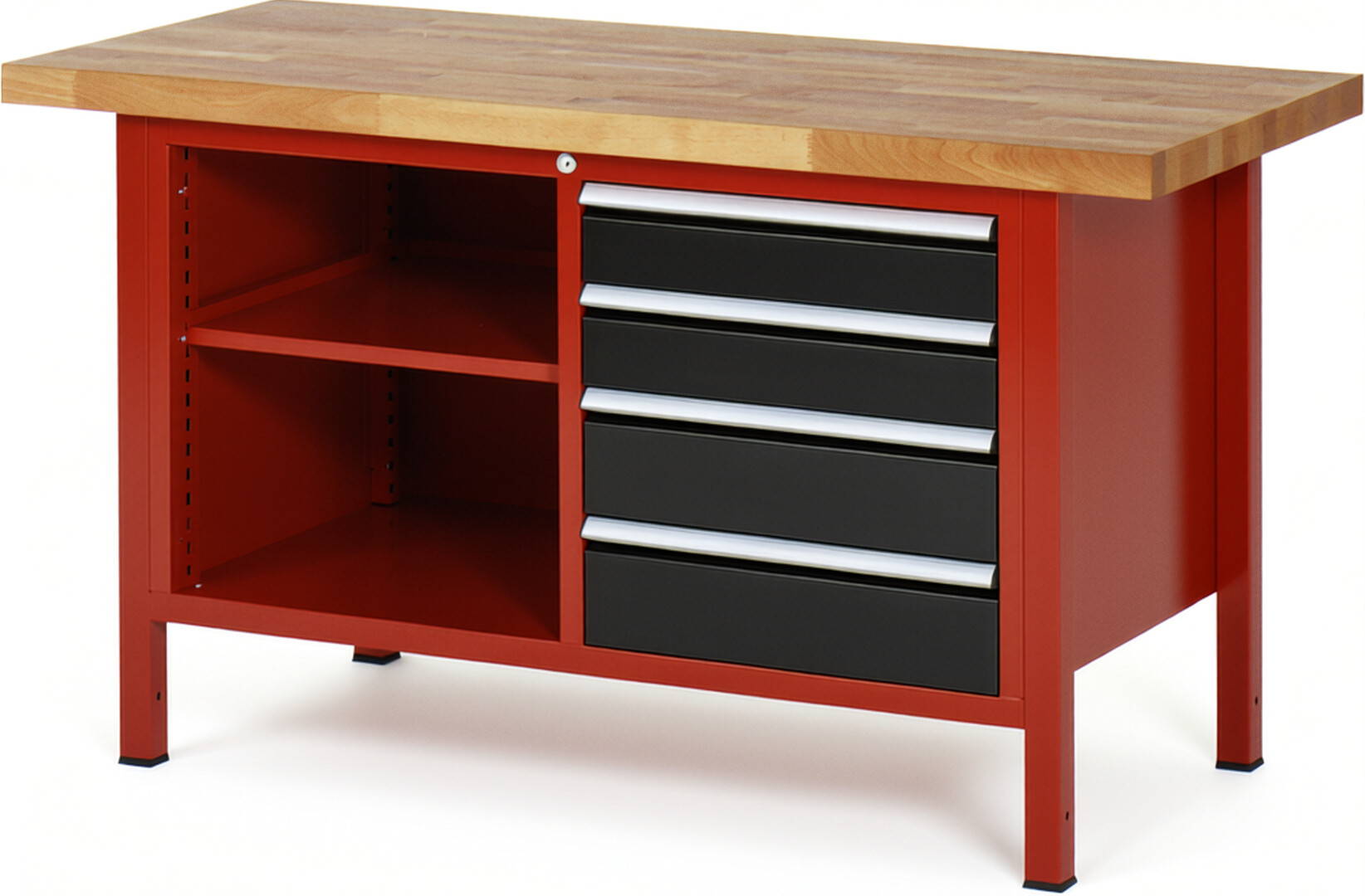 Werkbank Modell 8463 rot - schwarz, BxTxH 1500x700x840-1040 mm,  Buche-Massiv Arbeitsplatte 40 mm,  4 Schubladen mit  Auszug 90 %