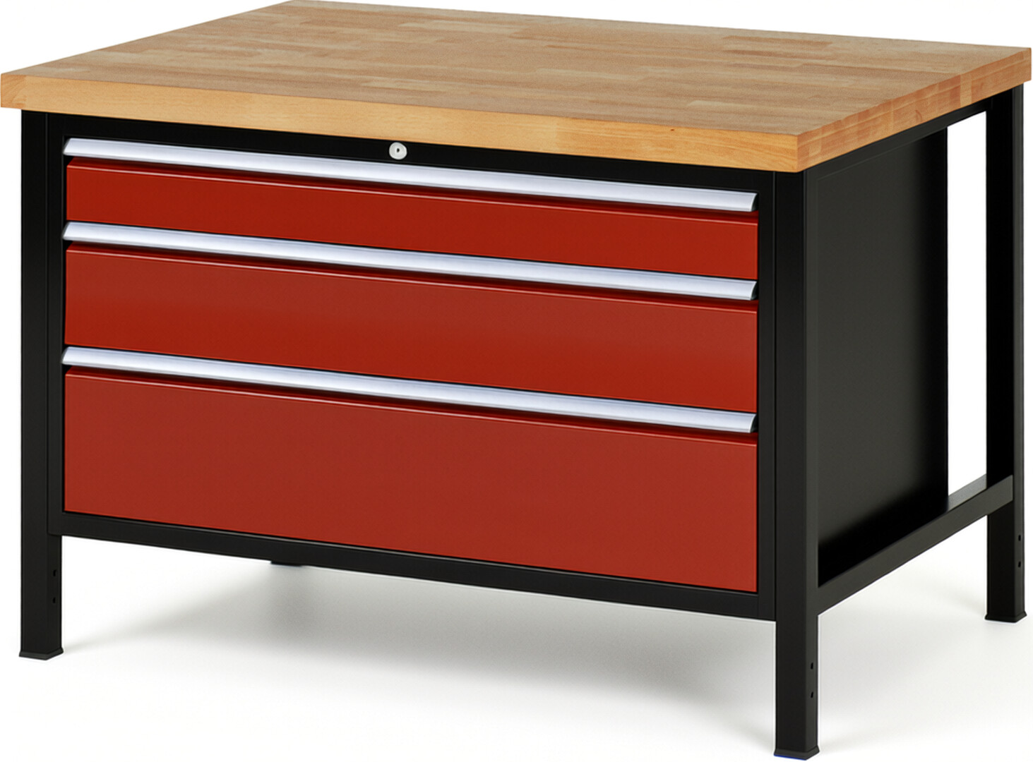 RAU Werkbank schwarz - rot - Breite 125 cm - Tiefe 90 cm - Höhe 104 cm - Buche-Massiv Arbeitsplatte 40 mm