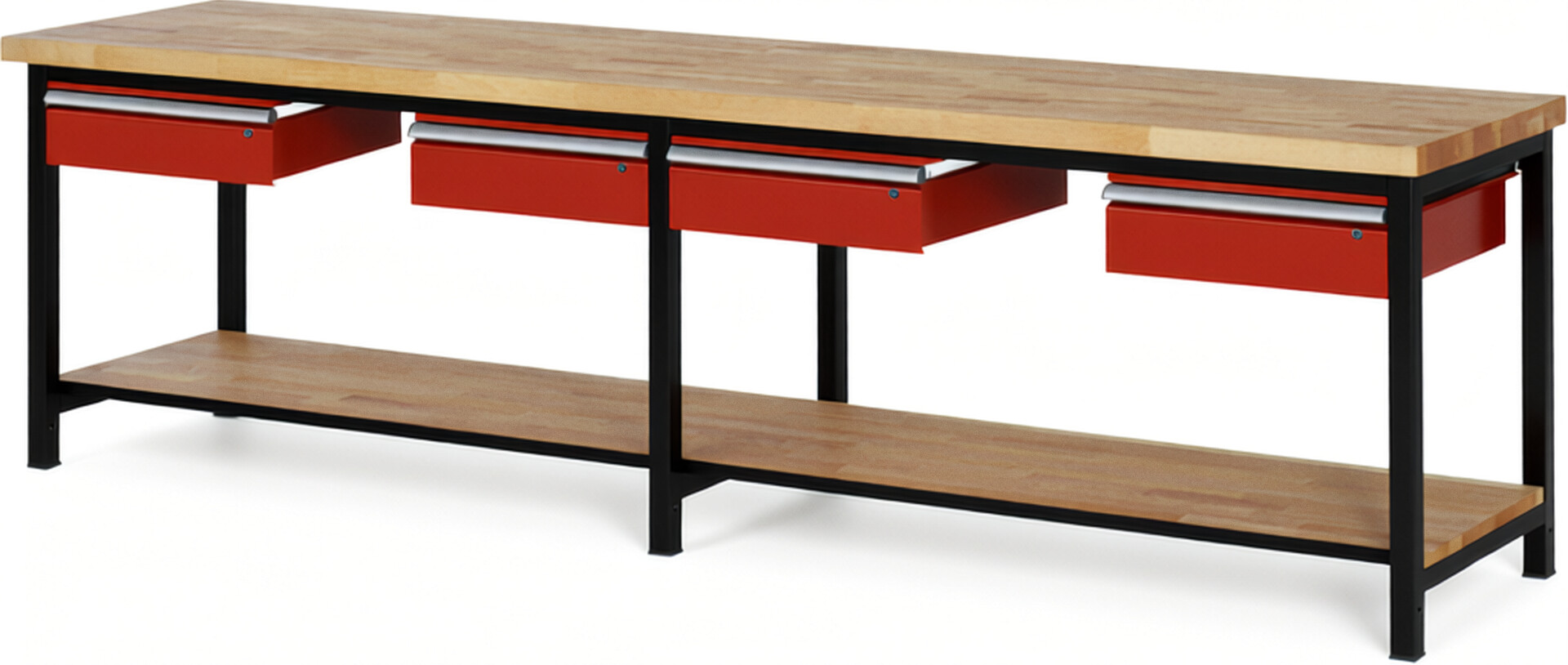 RAU Werkbank schwarz - rot - Breite 300 cm - Tiefe 70 cm - Höhe 104 cm - Buche-Massiv Arbeitsplatte 40 mm