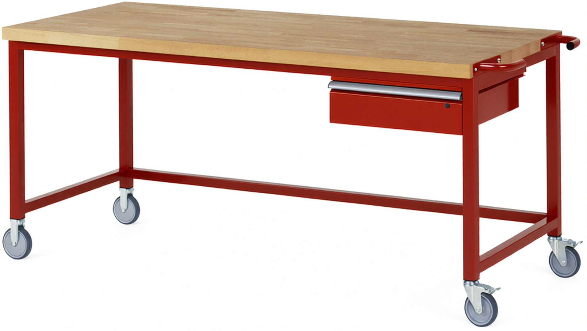 Fahrbare Werkbank Modell 8001 rot, BxTxH 2000x900x880-1080 mm,  Buche-Massiv Arbeitsplatte 40 mm,  1 Schublade mit  Auszug 90 %