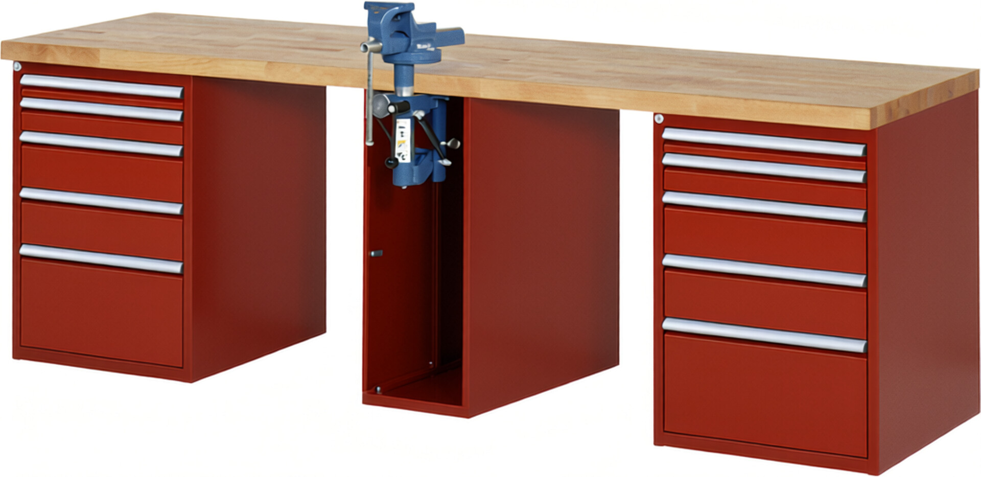 Werkbank Modell 7511 rot, BxTxH 2500x700x890 mm,  Buche-Massiv Arbeitsplatte 40 mm,  10 Schubladen mit  Auszug 90 %