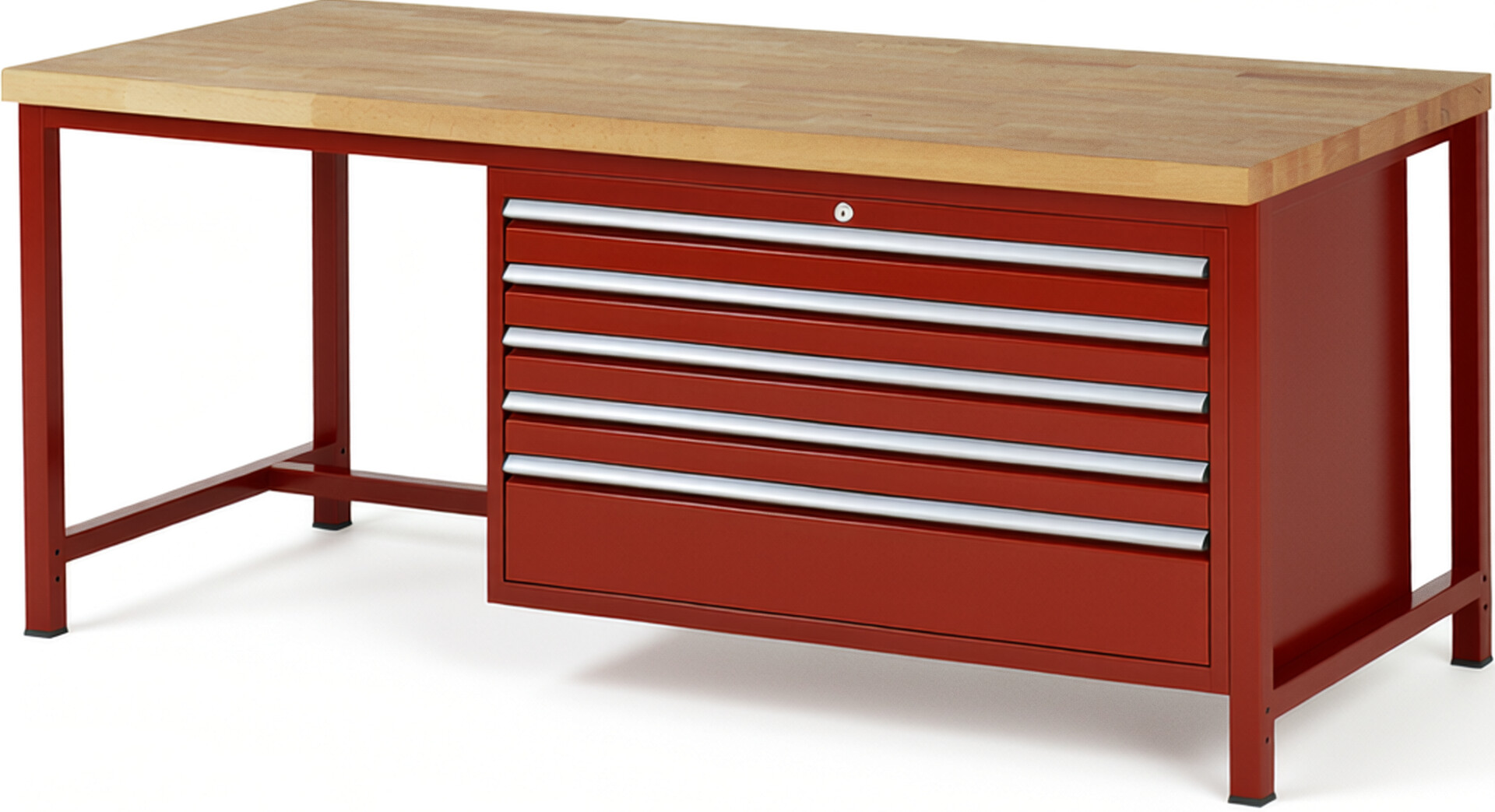 Werkbank Modell 8368 rot, BxTxH 2000x900x840-1040 mm,  Buche-Massiv Arbeitsplatte 40 mm,  5 Schubladen mit  Auszug 90 %