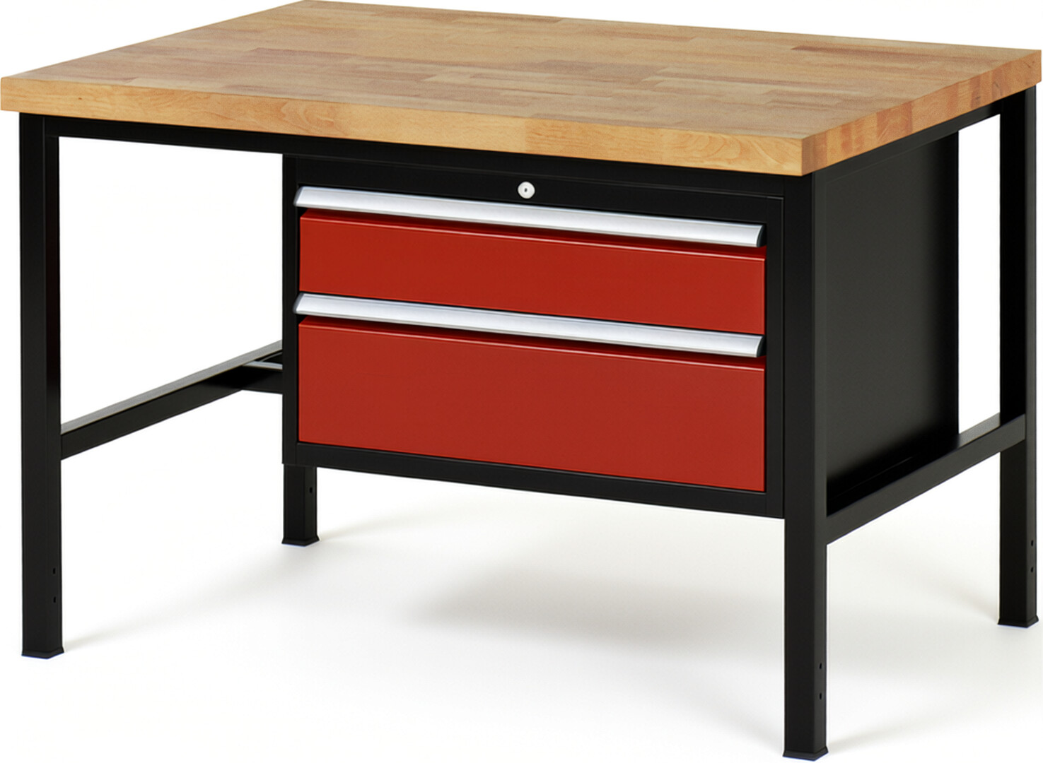 RAU Werkbank schwarz - rot - Breite 125 cm - Tiefe 90 cm - Höhe 104 cm - Buche-Massiv Arbeitsplatte 40 mm